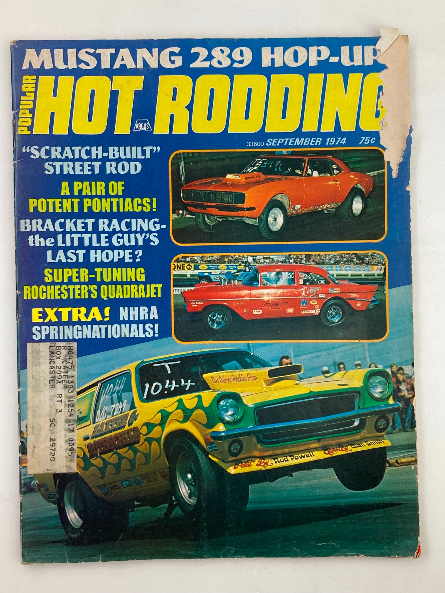 Cover of VTG Hot Rodding Magazine from September 1974, Volume 13 Number 9, featuring vibrant images of classic Pontiac cars with the headline 'A Pair of Potent Pontiacs'.