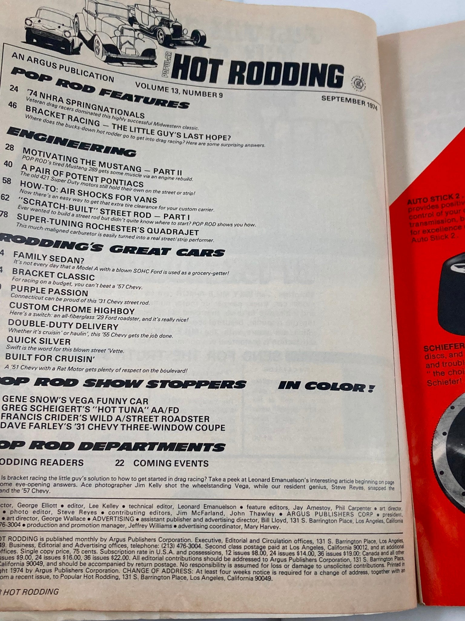 Interior page of VTG Hot Rodding Magazine September 1974 showcasing various articles including 'A Pair of Potent Pontiacs' in a vintage automotive theme.