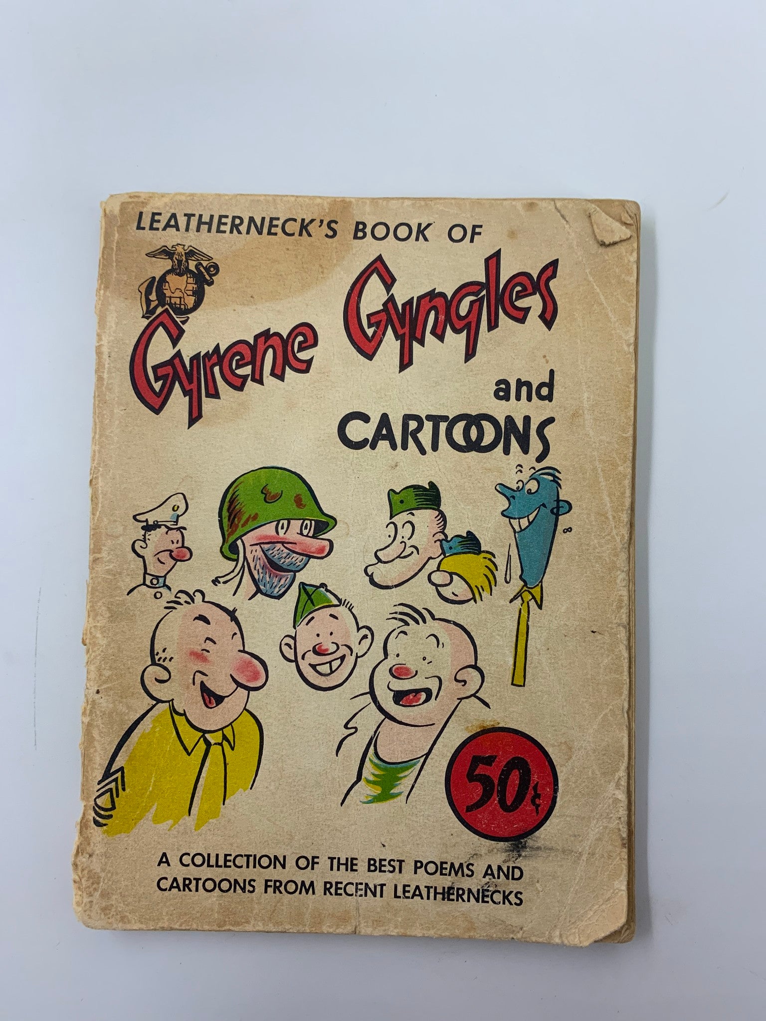 Cover of the 1951 Leatherneck's Book of Gyrene Gyngles and Cartoons, featuring colorful illustrations of humorous Marine Corps characters and scenes, showcasing military humor and camaraderie with a vintage aesthetic.