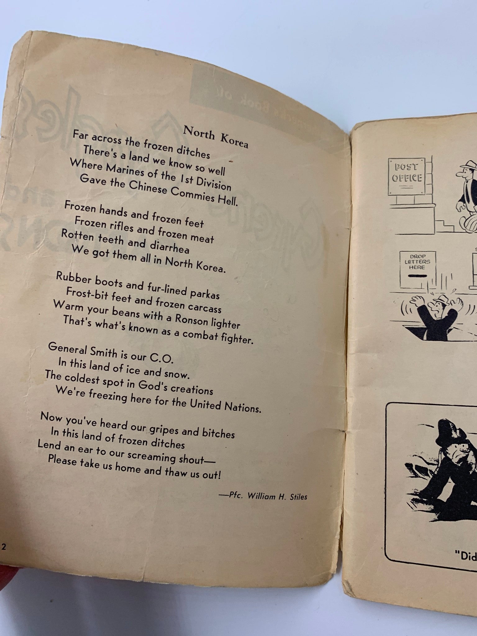 Inside page of 1951 Leatherneck's Book of Gyrene Gyngles and Cartoons featuring a poem about North Korea, reflecting military life and camaraderie.