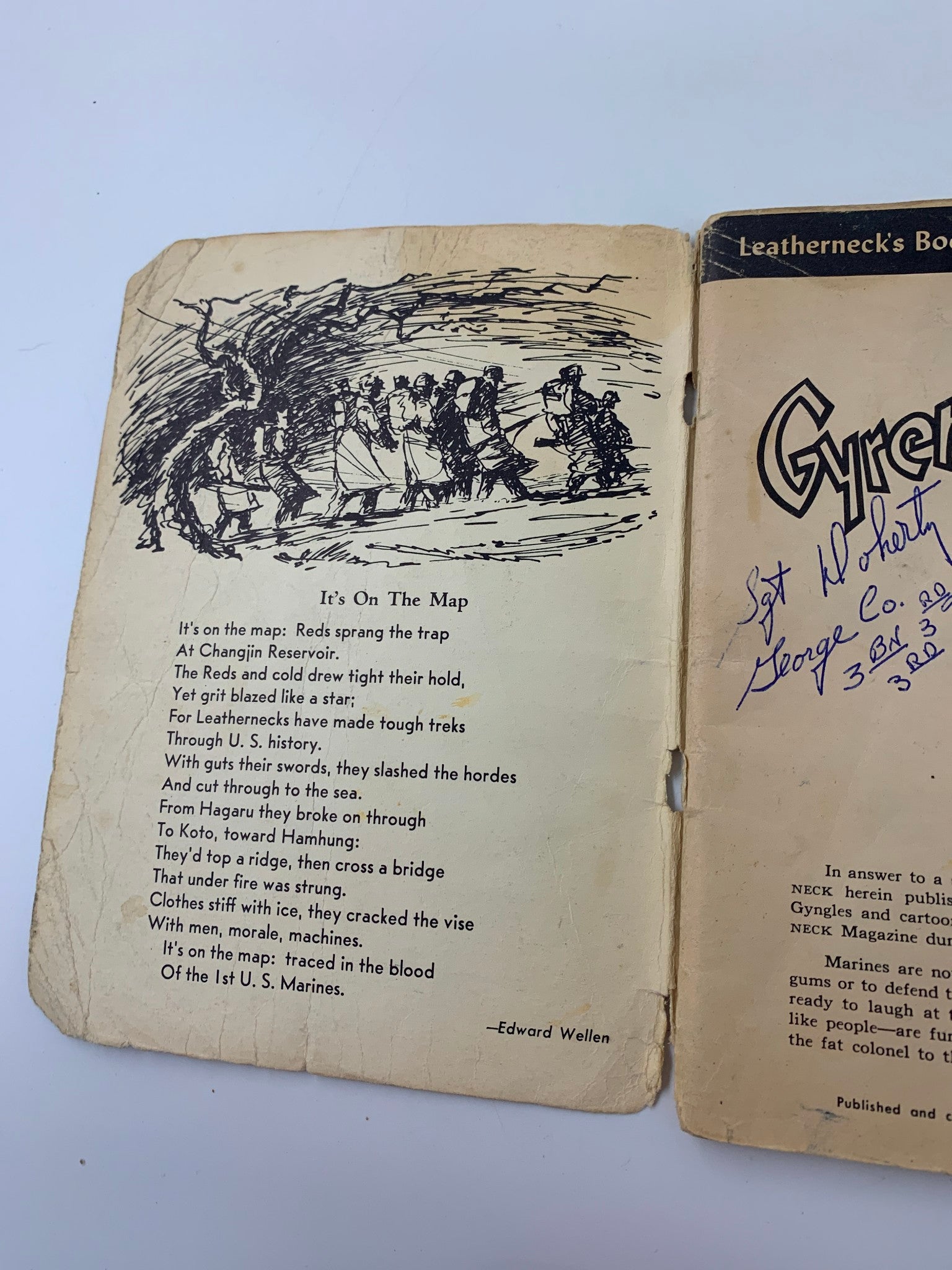 Illustration from 1951 Leatherneck's Book of Gyrene Gyngles and Cartoons depicting soldiers in a humorous scene titled 'It's On The Map', showcasing military humor.