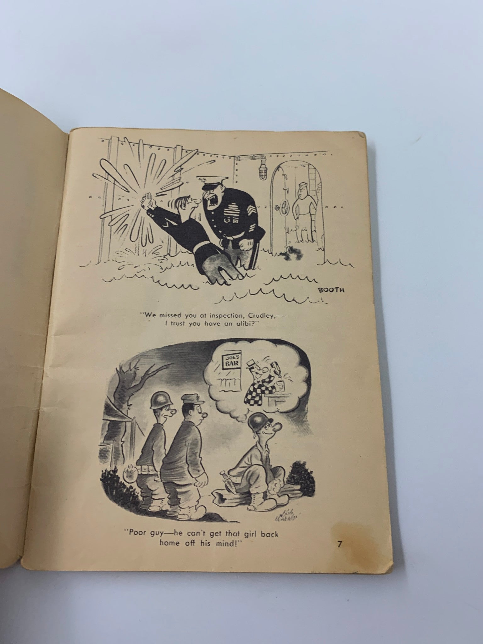 Page from 1951 Leatherneck's Book of Gyrene Gyngles and Cartoons displaying a humorous cartoon involving soldiers, exemplifying the book's comedic nature.