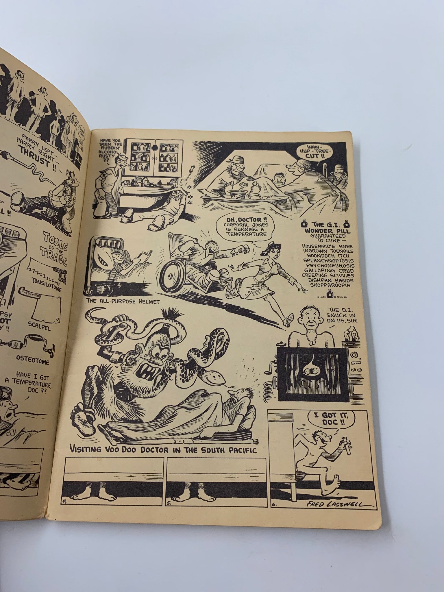 Cartoon illustration from 1951 Leatherneck's Book of Gyrene Gyngles and Cartoons portraying a funny medical scenario in the military, highlighting the book's humorous content.