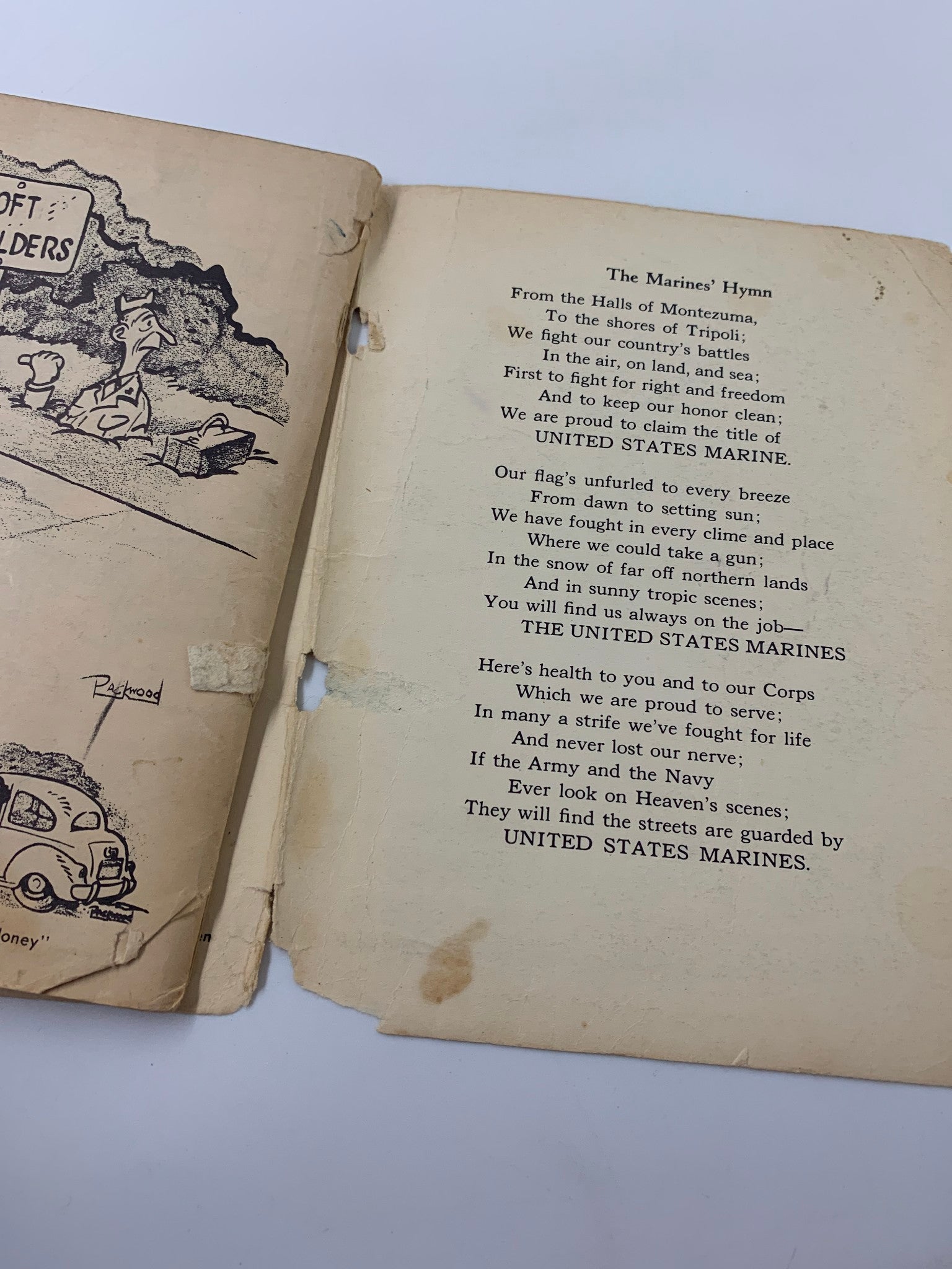 Another interior page from 1951 Leatherneck's Book of Gyrene Gyngles and Cartoons, displaying 'The Marines' Hymn' with artistic illustrations related to Marine Corps themes.