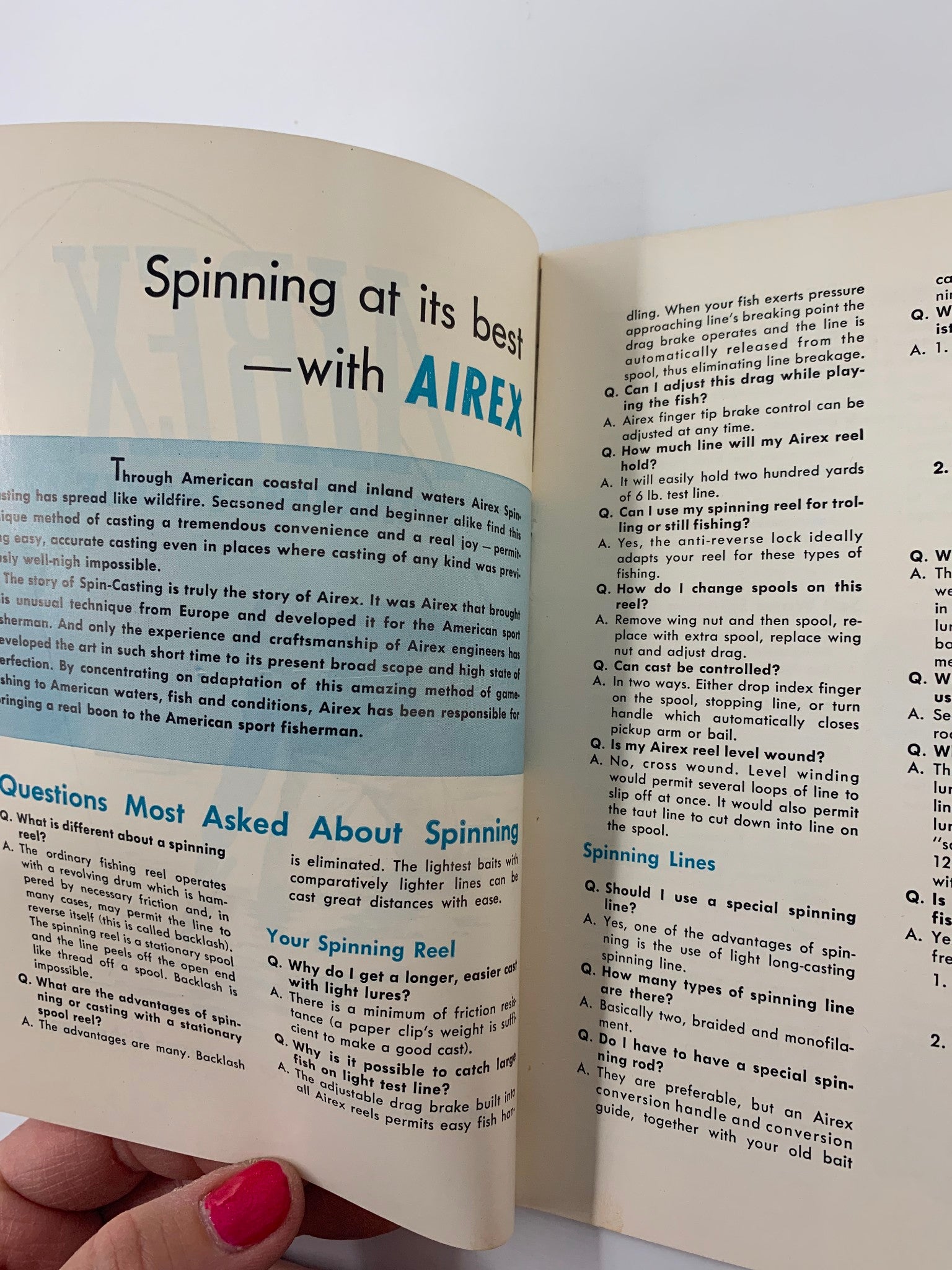 Interior page of Airex Spinning Tackle magazine, featuring a section titled 'Spinning at its best - with AIRex' and discussing key fishing techniques.