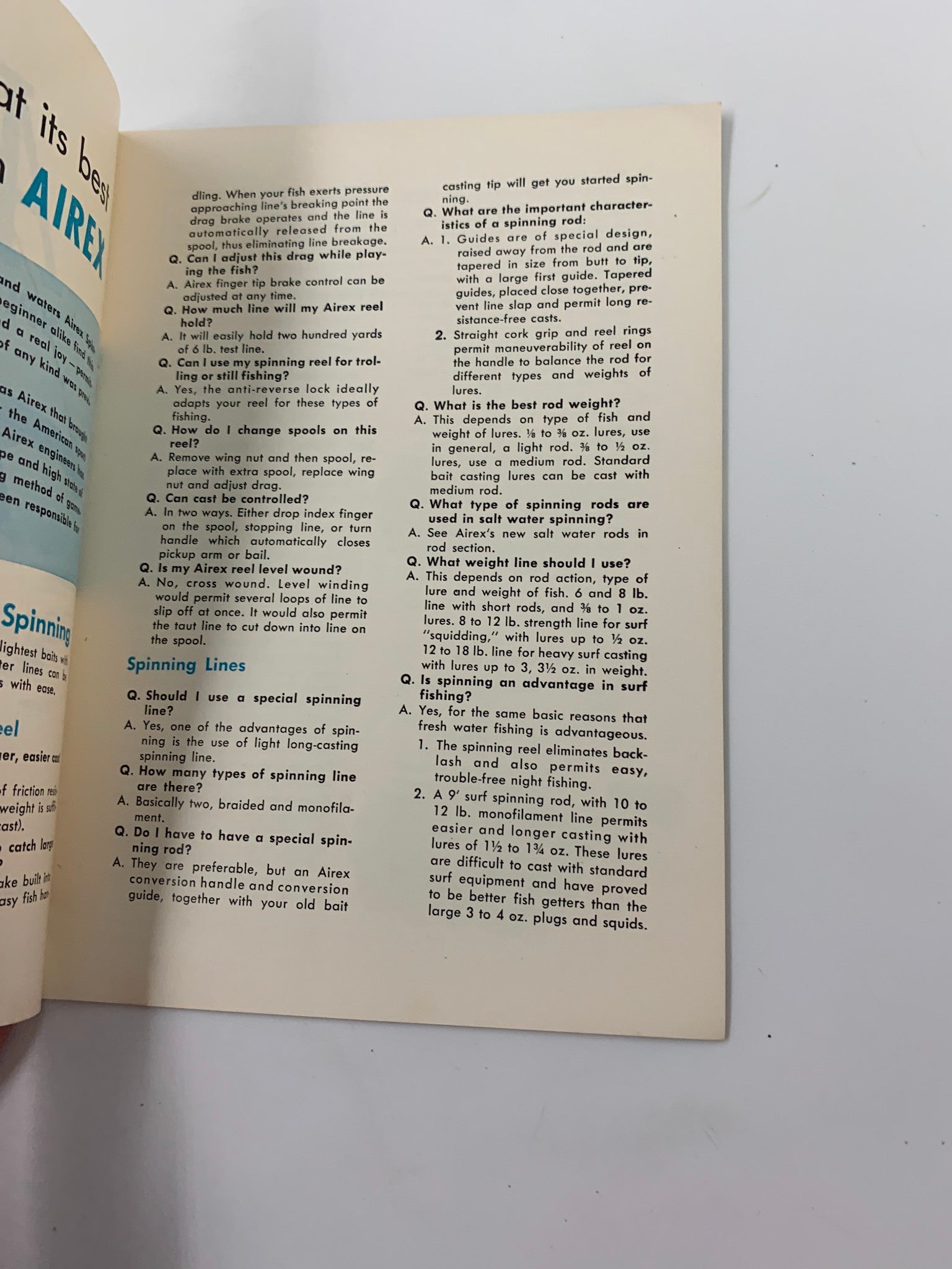 Another interior page of Airex Spinning Tackle magazine, outlining frequently asked questions about spinning fishing gear and techniques.