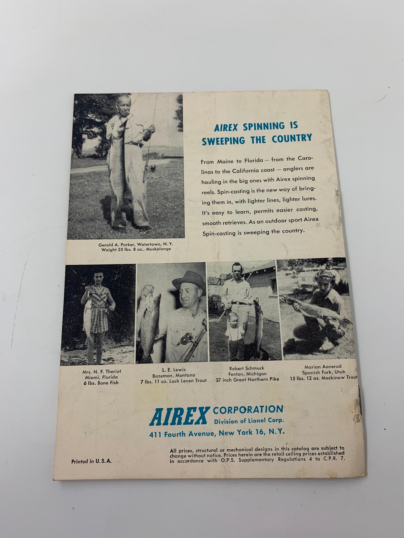 Back cover of Airex Spinning Tackle Made in America for American Fishermen, featuring vintage fishing scenes and advertisements, showcasing the history of fishing gear and techniques.