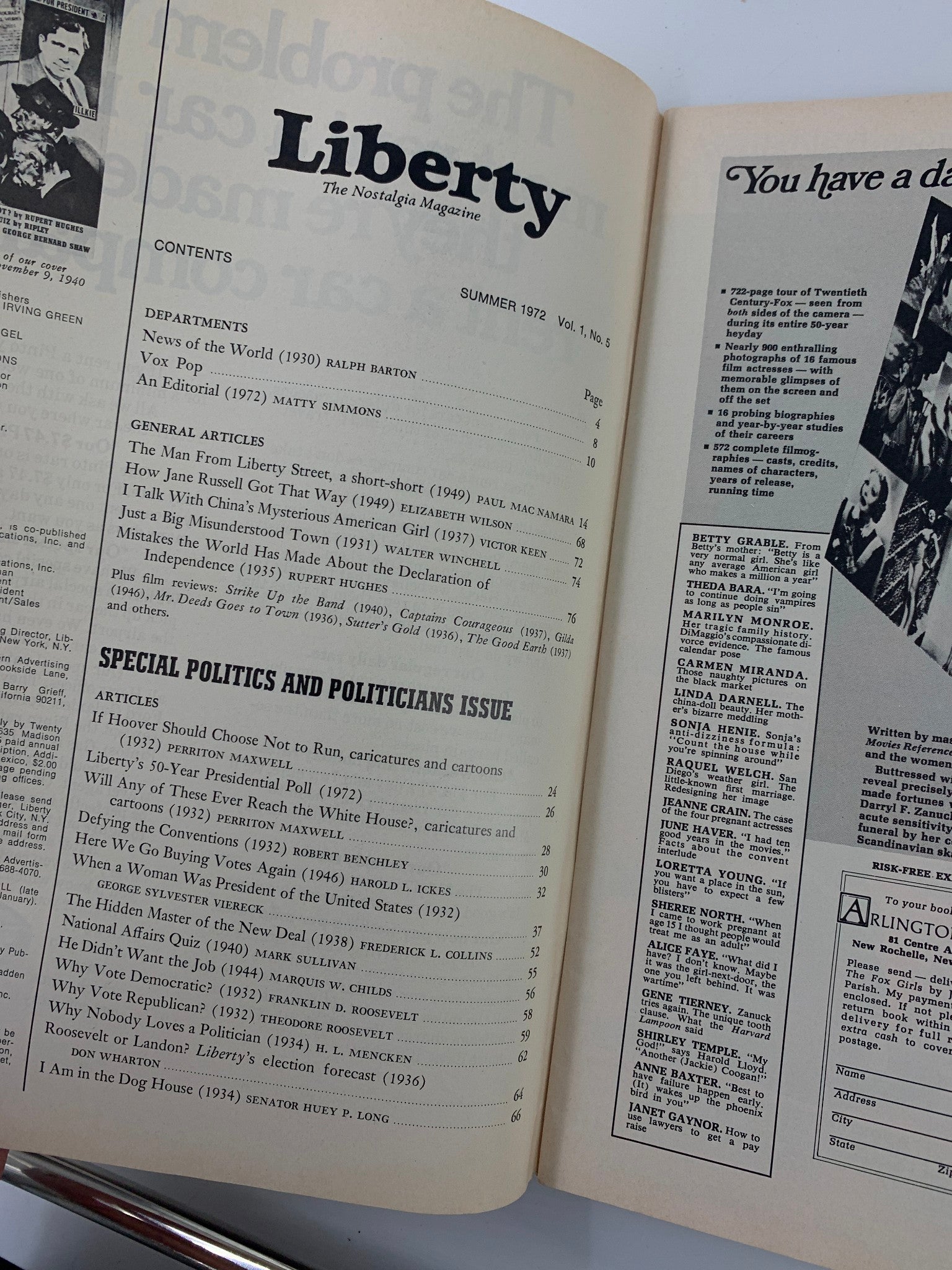 VTG Liberty Magazine Summer 1972 Politics and Politicians 1924-1950 No Label