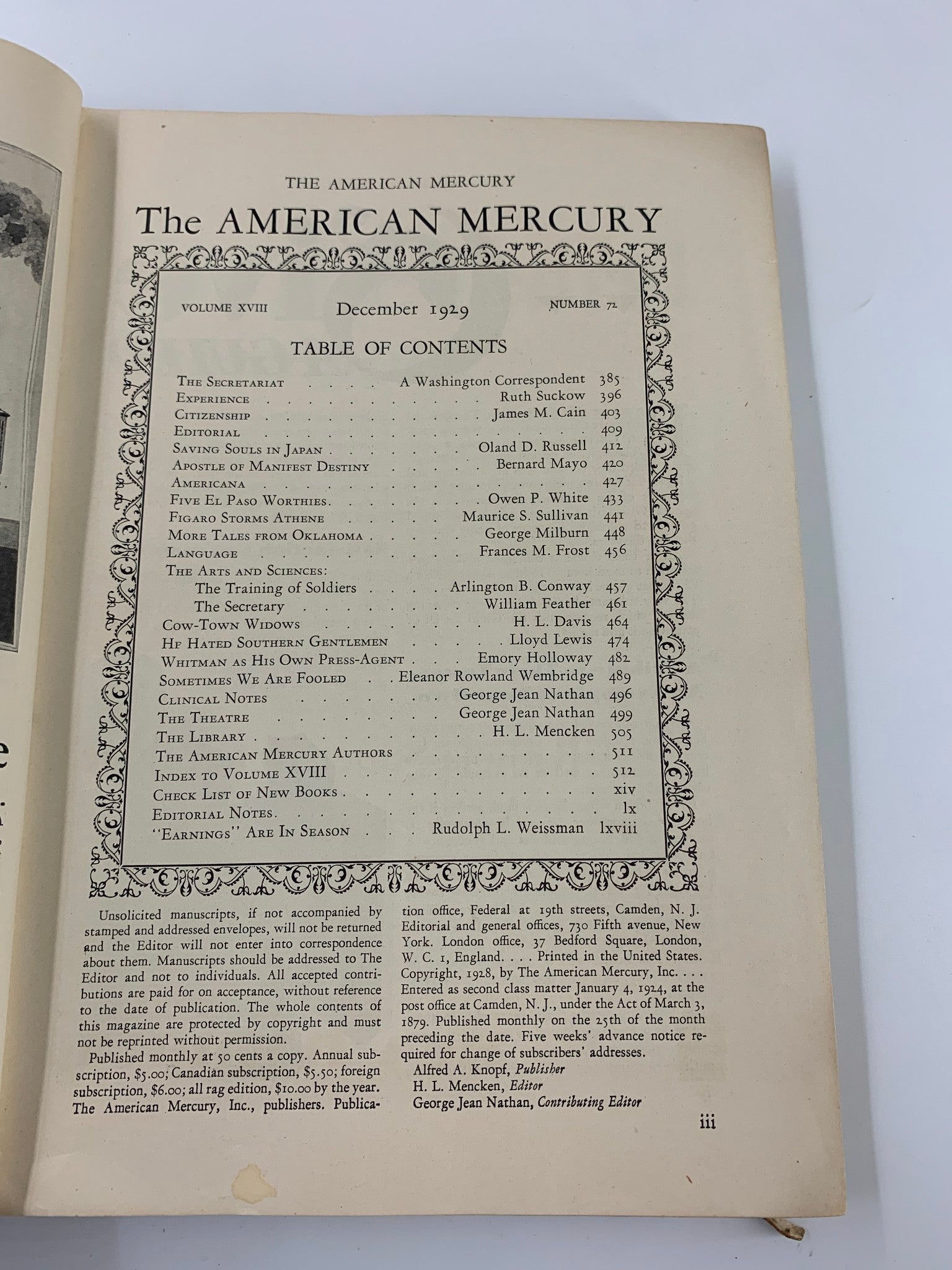 VTG The American Mercury Magazine December 1929 The Secretariat No Label