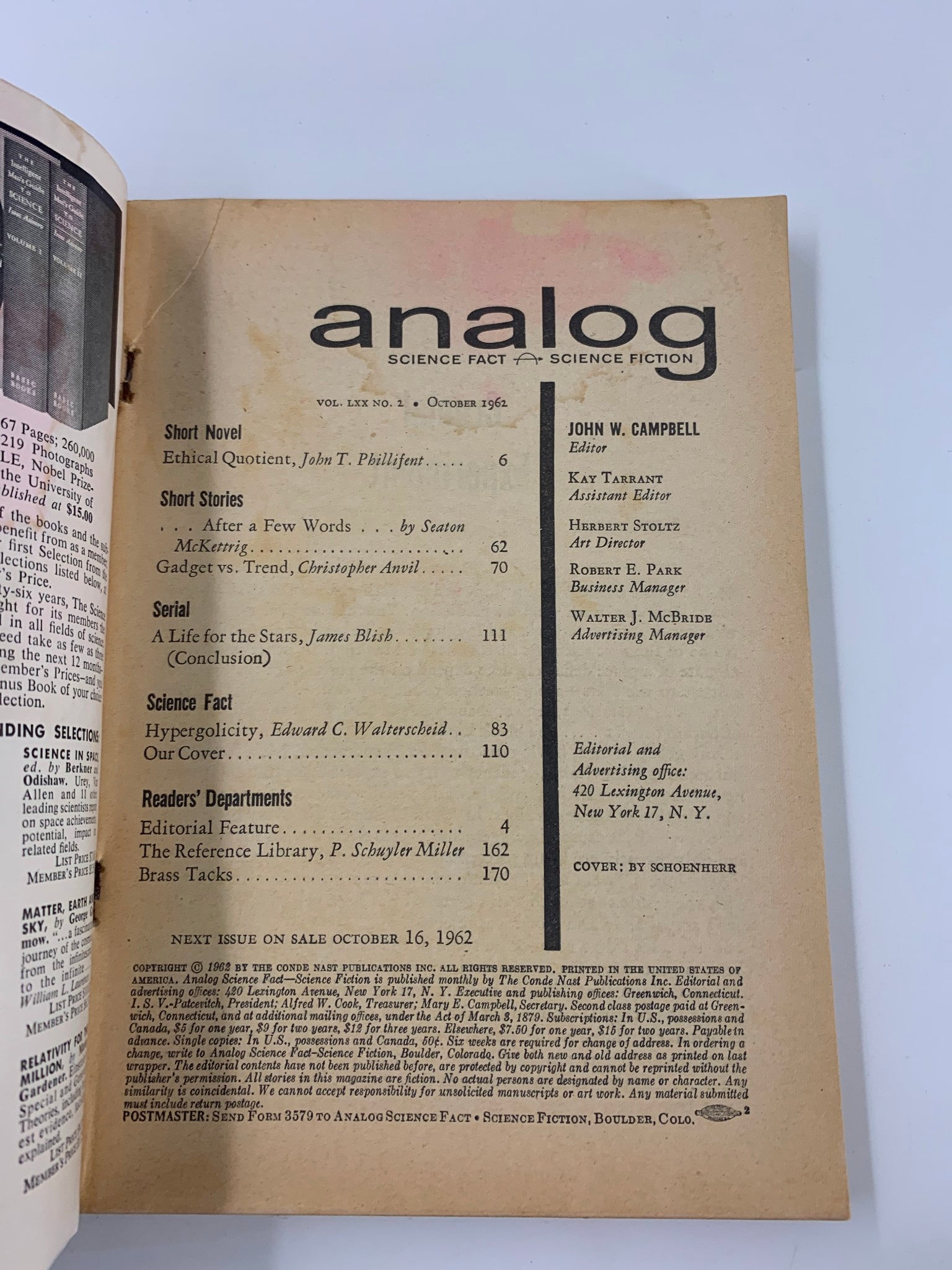 VTG Analog Magazine October 1962 Ethical Quotient by John Phillifent No Label