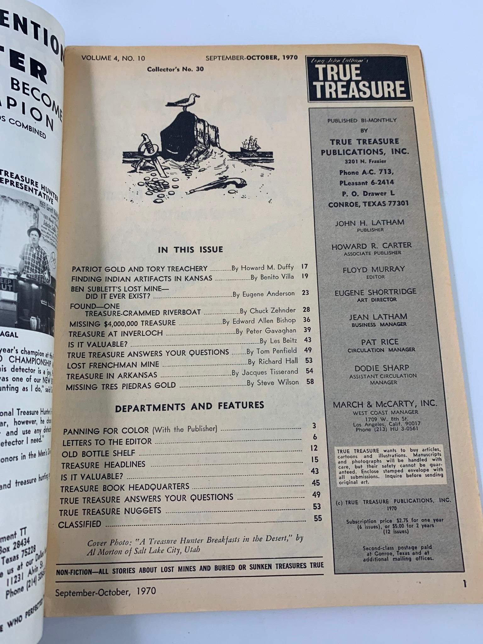 Interior page of the VTG True Treasure Magazine from September 1970, showcasing contents including articles on Ben Sublett's Lost Mine and other treasure-related stories. The layout provides a vintage context to the era's treasure hunting fascination.