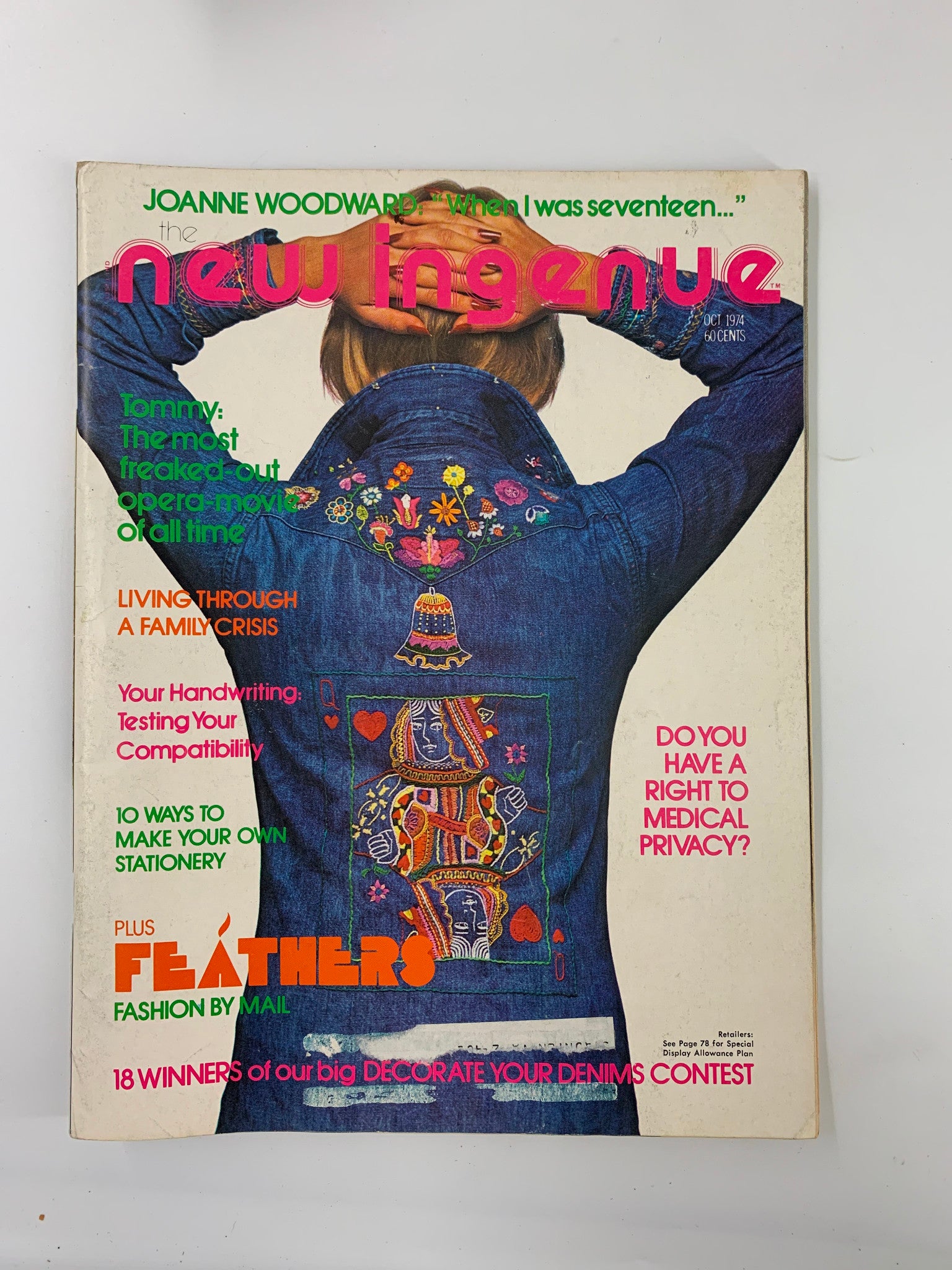 Cover of the October 1974 Ingenue magazine featuring the title 'Tommy: The Most Freaked-Out Opera Movie of All Time' with a model in a denim jacket adorned with colorful embroidery.