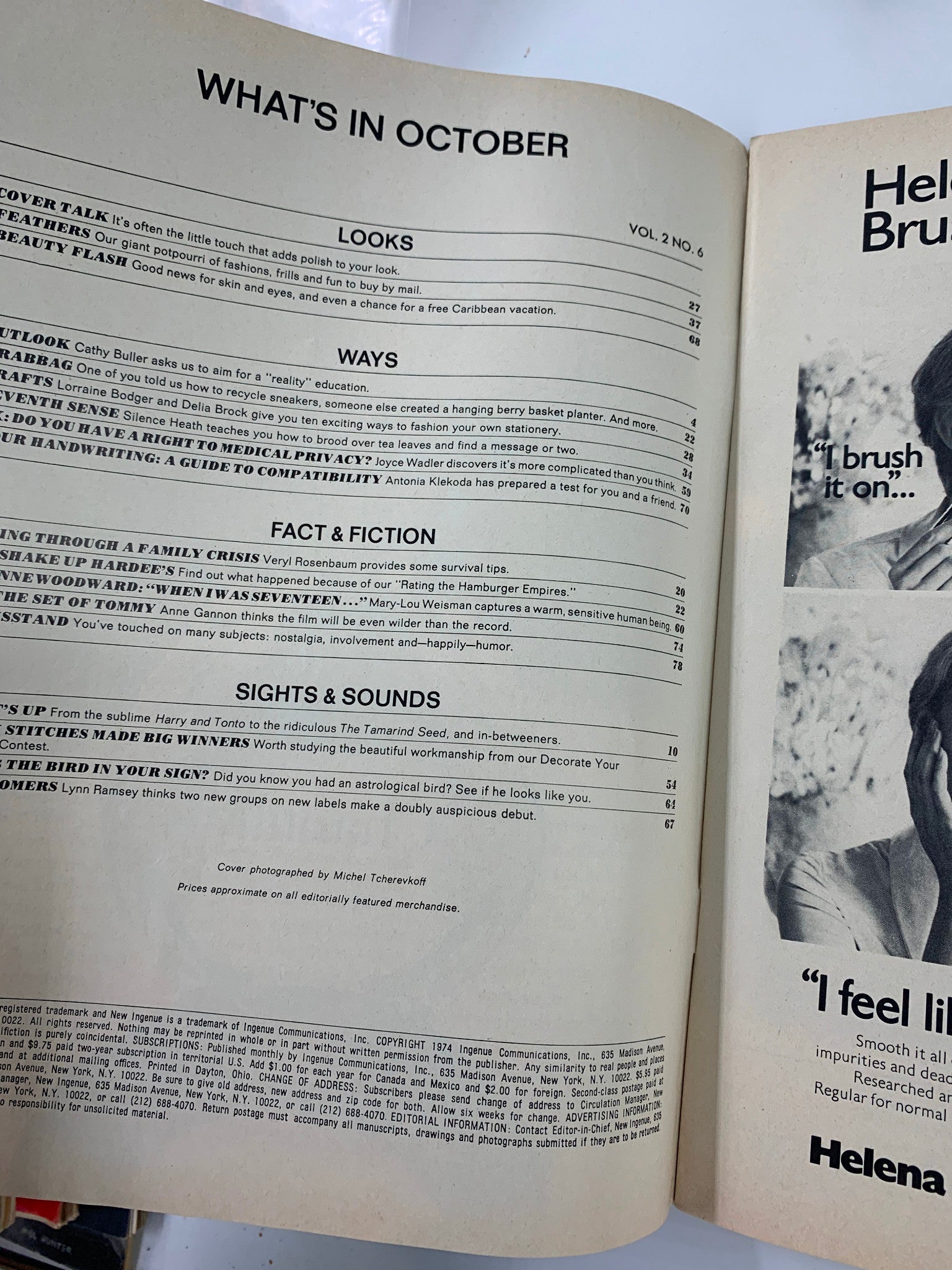 Inside page of the October 1974 Ingenue magazine highlighting the contents, including articles on fashion, lifestyle, and cultural topics, showcasing the vibrant 1970s aesthetic.
