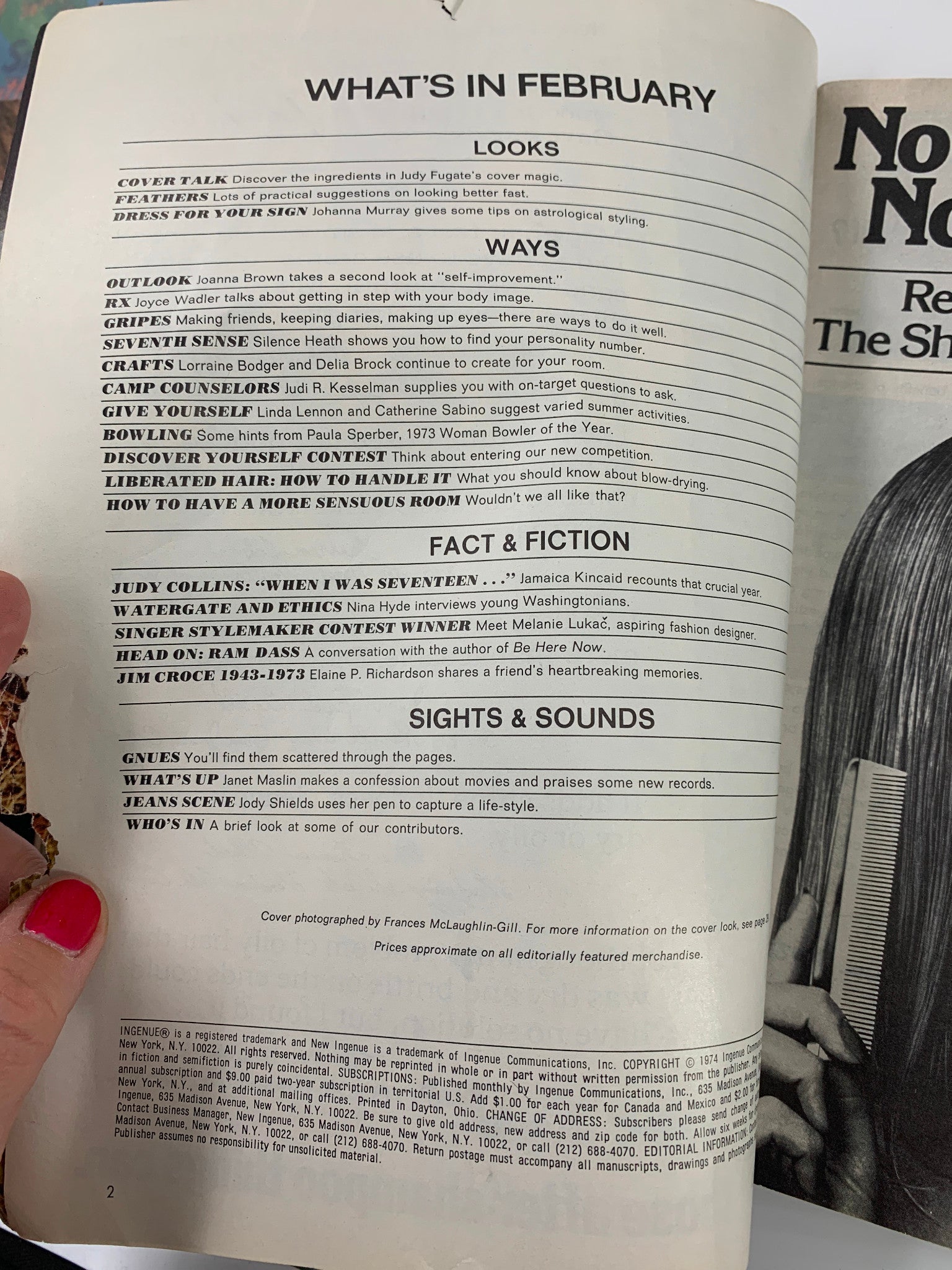 Inside page of the VTG New Ingenue Magazine February 1974, displaying contents and topics covered in the issue, including articles on Judy Collins and Jim Croce, set in a nostalgic 1970s magazine layout.