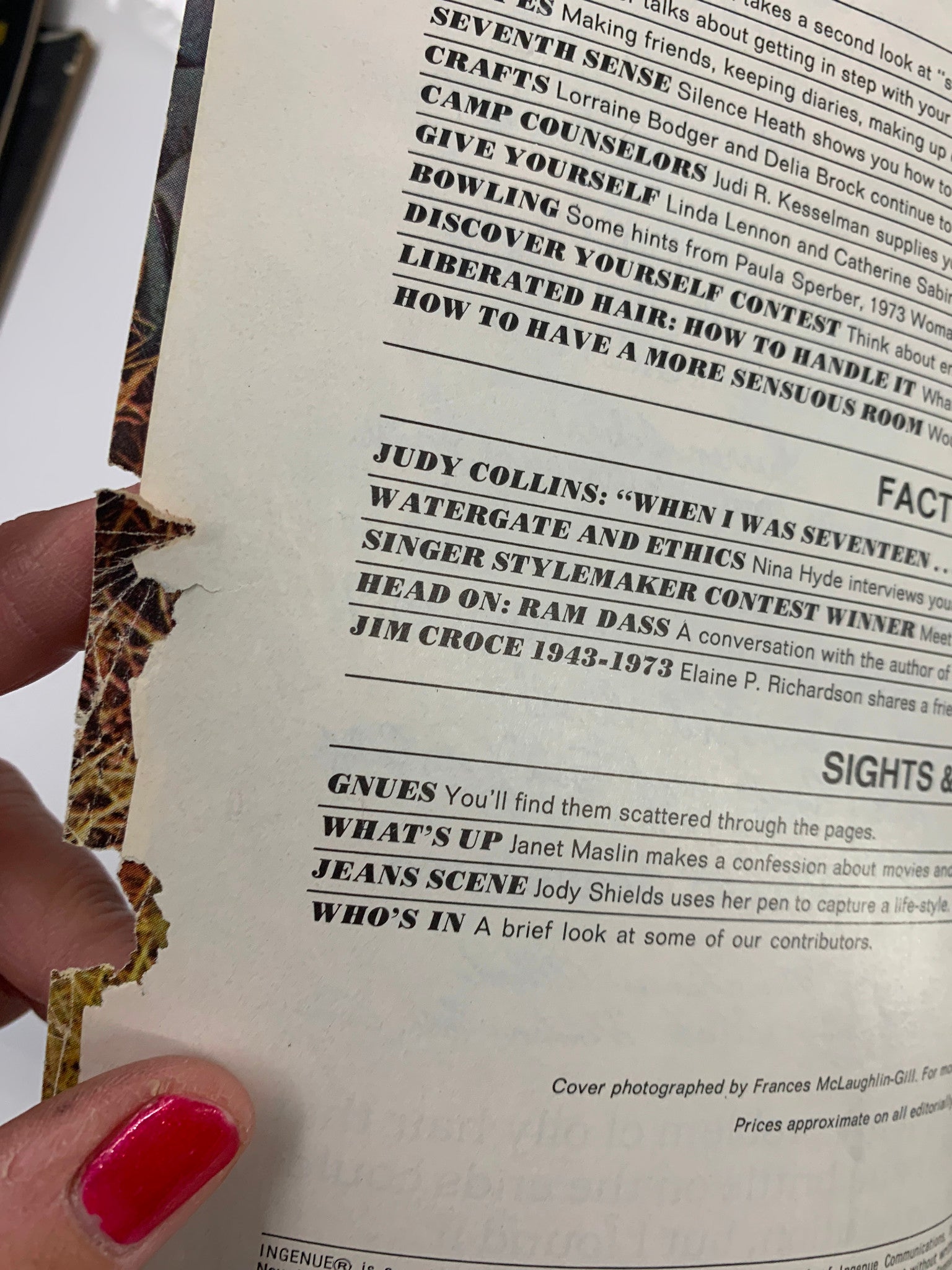 Image showing the inside cover of the VTG New Ingenue Magazine February 1974 featuring sections on Judy Collins and Jim Croce, with specified content highlights. The title reflects its vintage charm and cultural significance.