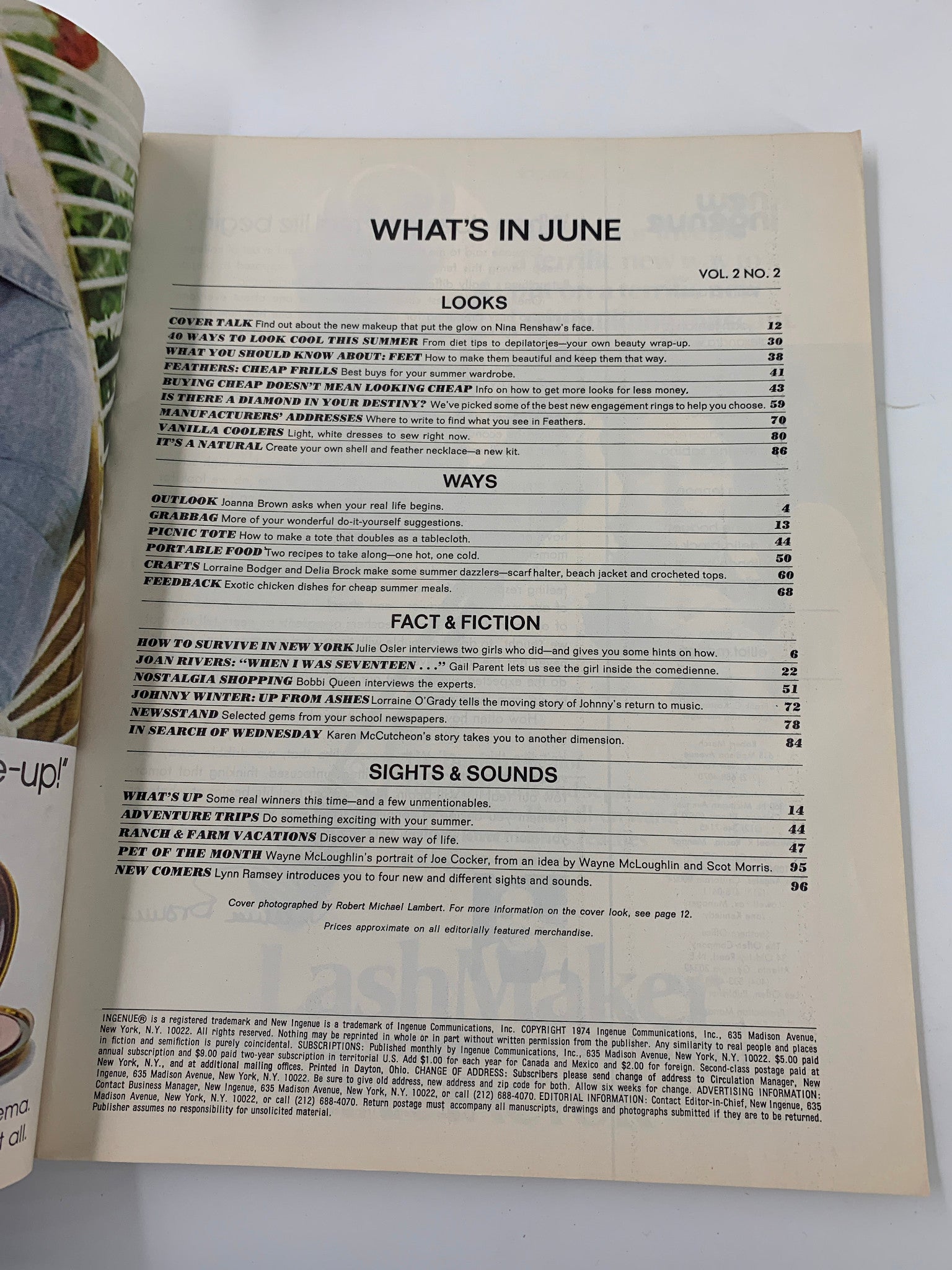 Inside page of VTG New Ingenue Magazine June 1974 showcasing the contents including articles on summer looks, survival in New York, and features on Joan Rivers.