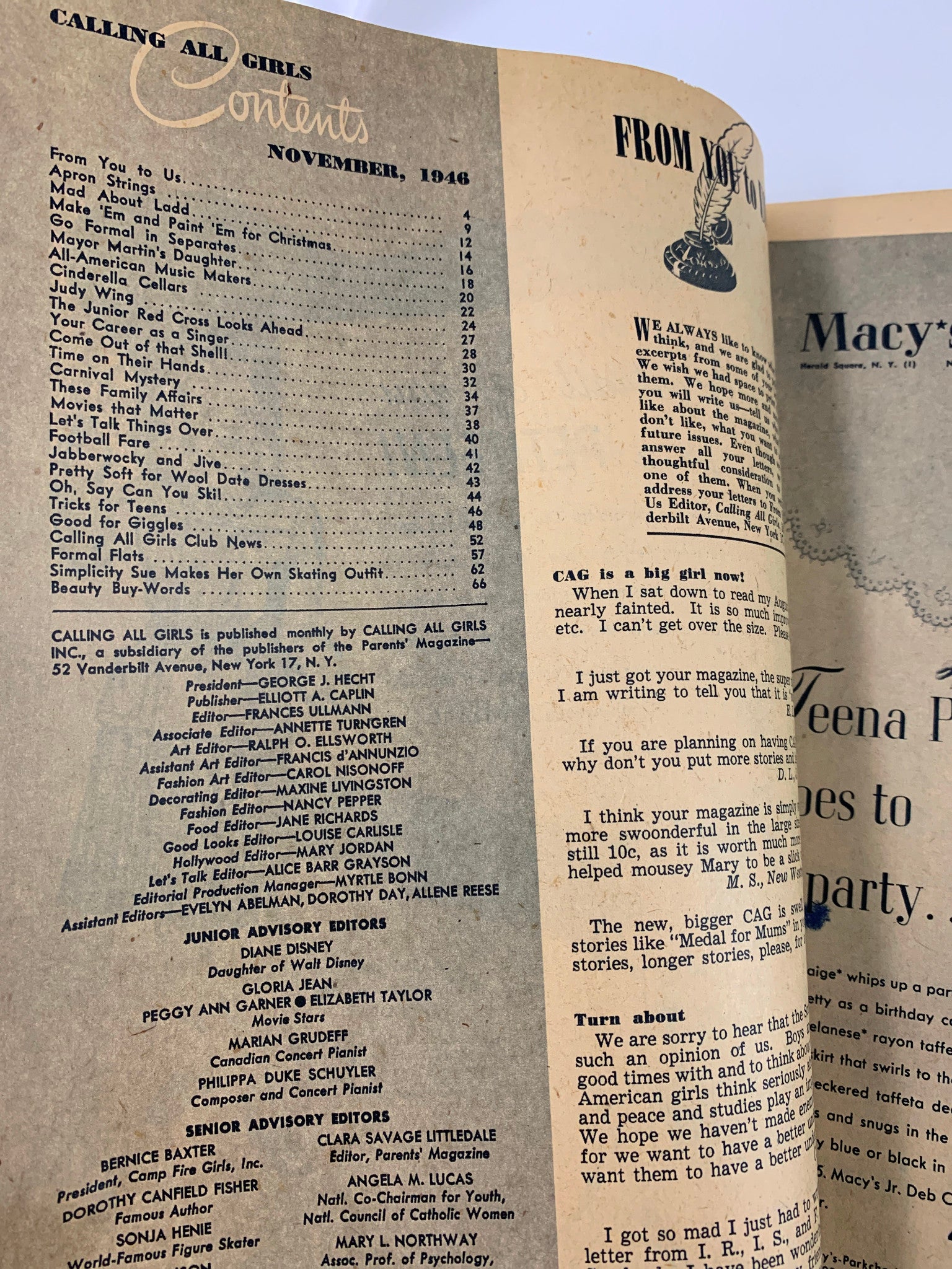 Inside contents page of VTG Calling All Girls Magazine November 1946 detailing articles and features such as Mayor Martin's Daughter, underlining the magazine's vintage relevance.