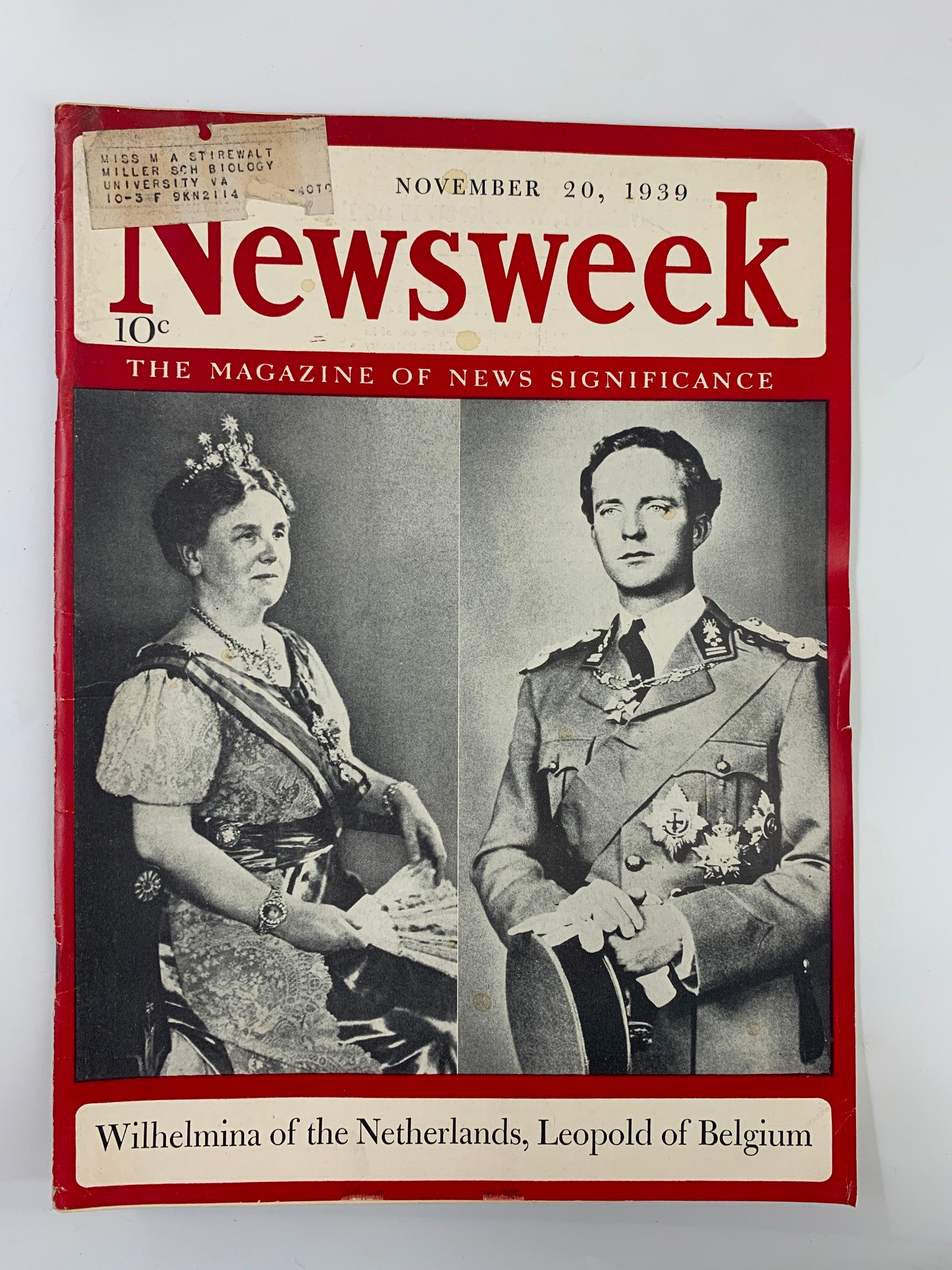 VTG Newsweek Magazine November 20 1939 Wilhemina of Netherlands, Leopold of BE