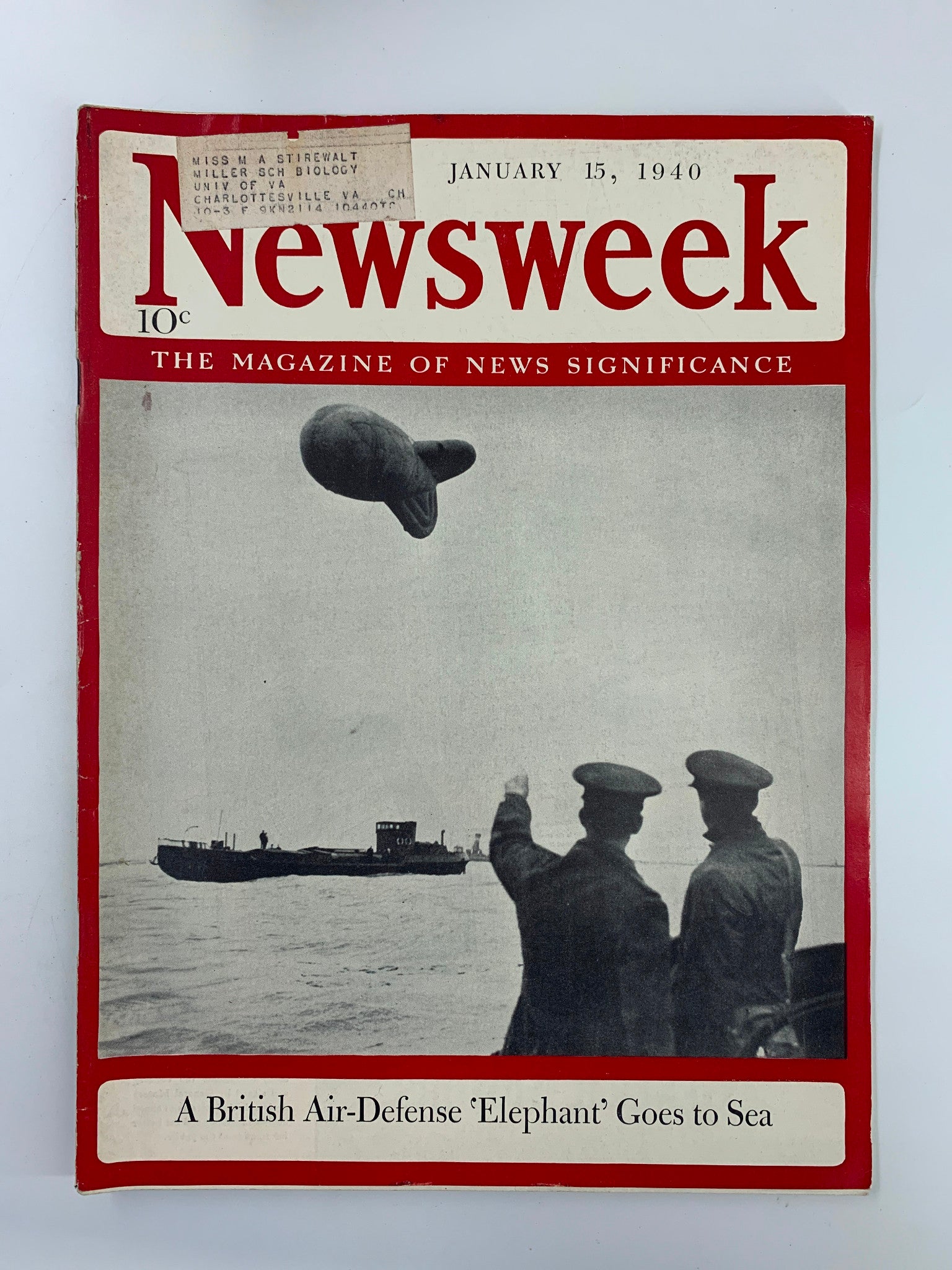 VTG Newsweek Magazine January 15 1940 A British-Air Defense Elephant Goes To Sea