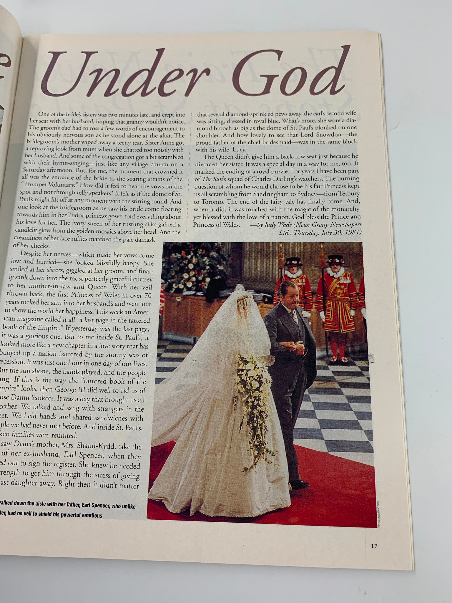 Inside page of TV Guide Magazine 1997 titled 'Under God' showcasing Princess Diana walking down the aisle during her wedding to Prince Charles, with a detailed description of the ceremony.