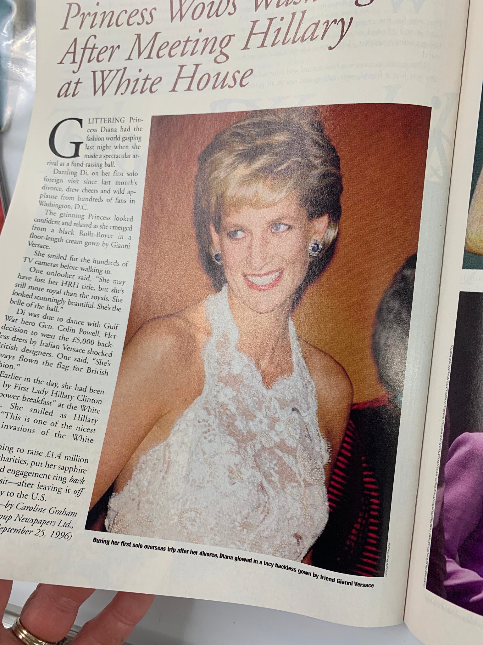 TV Guide Magazine 1997 Princess Diana Her Life in Words and Pictures No Label VG page featuring Princess Diana at the White House after meeting Hillary Clinton, wearing a stunning Versace gown.