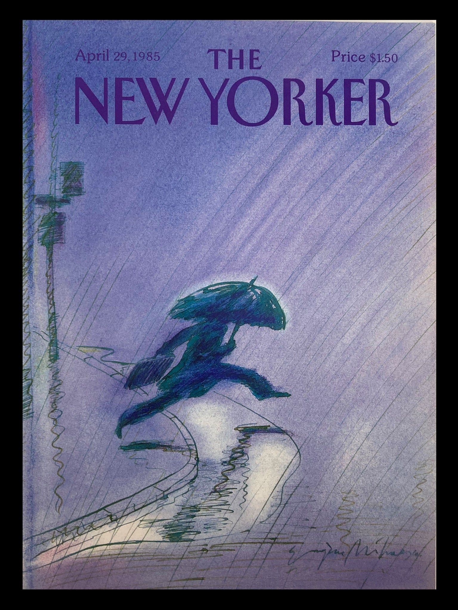 COVER ONLY The New Yorker April 29 1985 Rainy Night by Eugene Mihaesco No Label