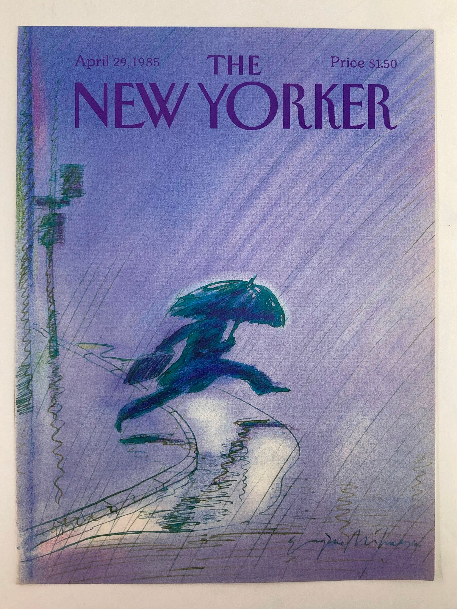 COVER ONLY The New Yorker April 29 1985 Rainy Night by Eugene Mihaesco No Label