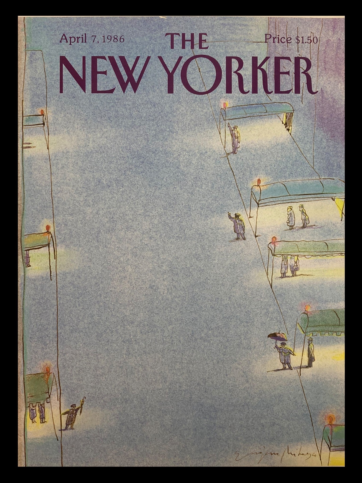 COVER ONLY The New Yorker April 7 1986 Waiting for Taxi by Eugene Mihaesco