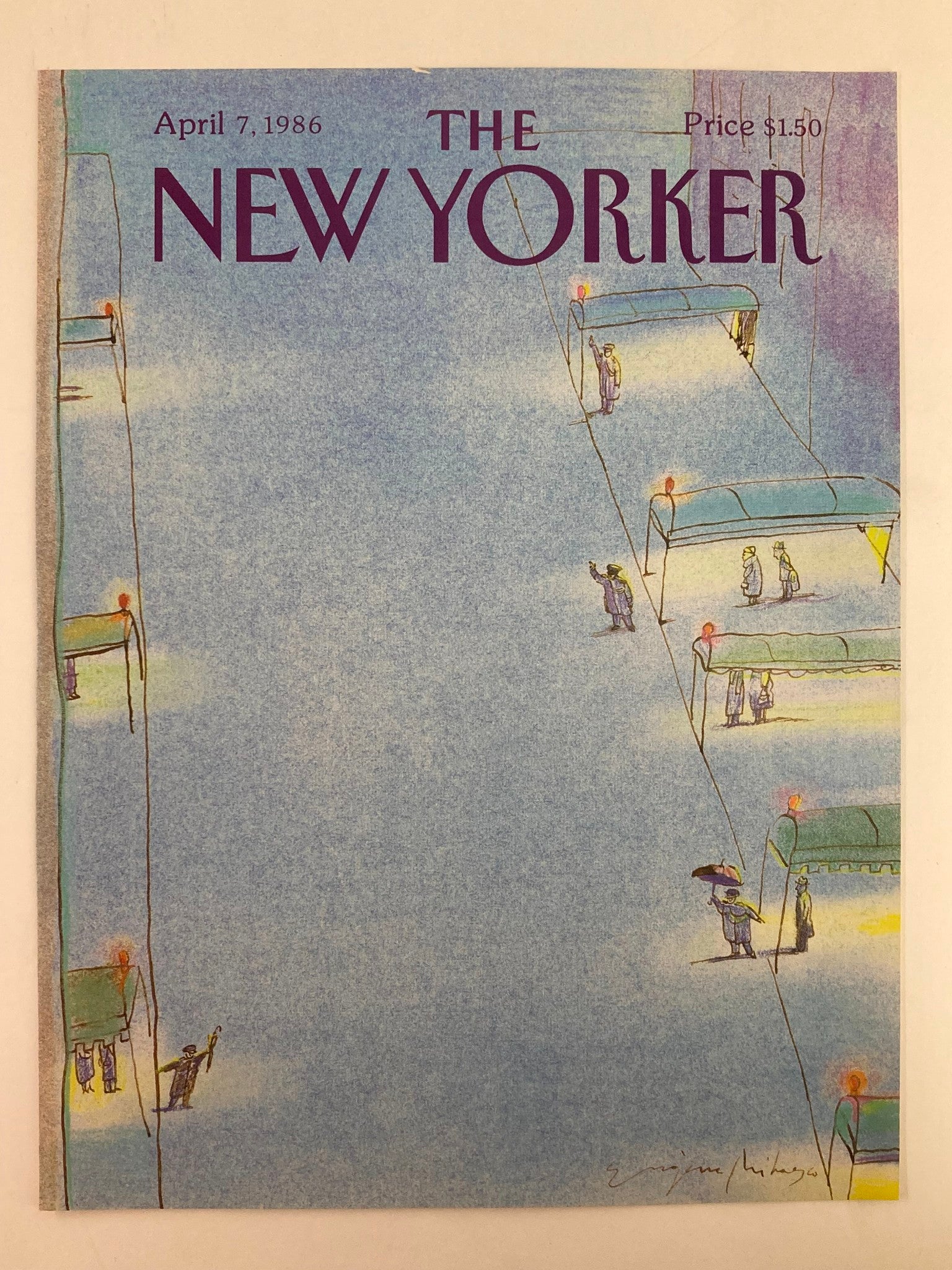 COVER ONLY The New Yorker April 7 1986 Waiting for Taxi by Eugene Mihaesco