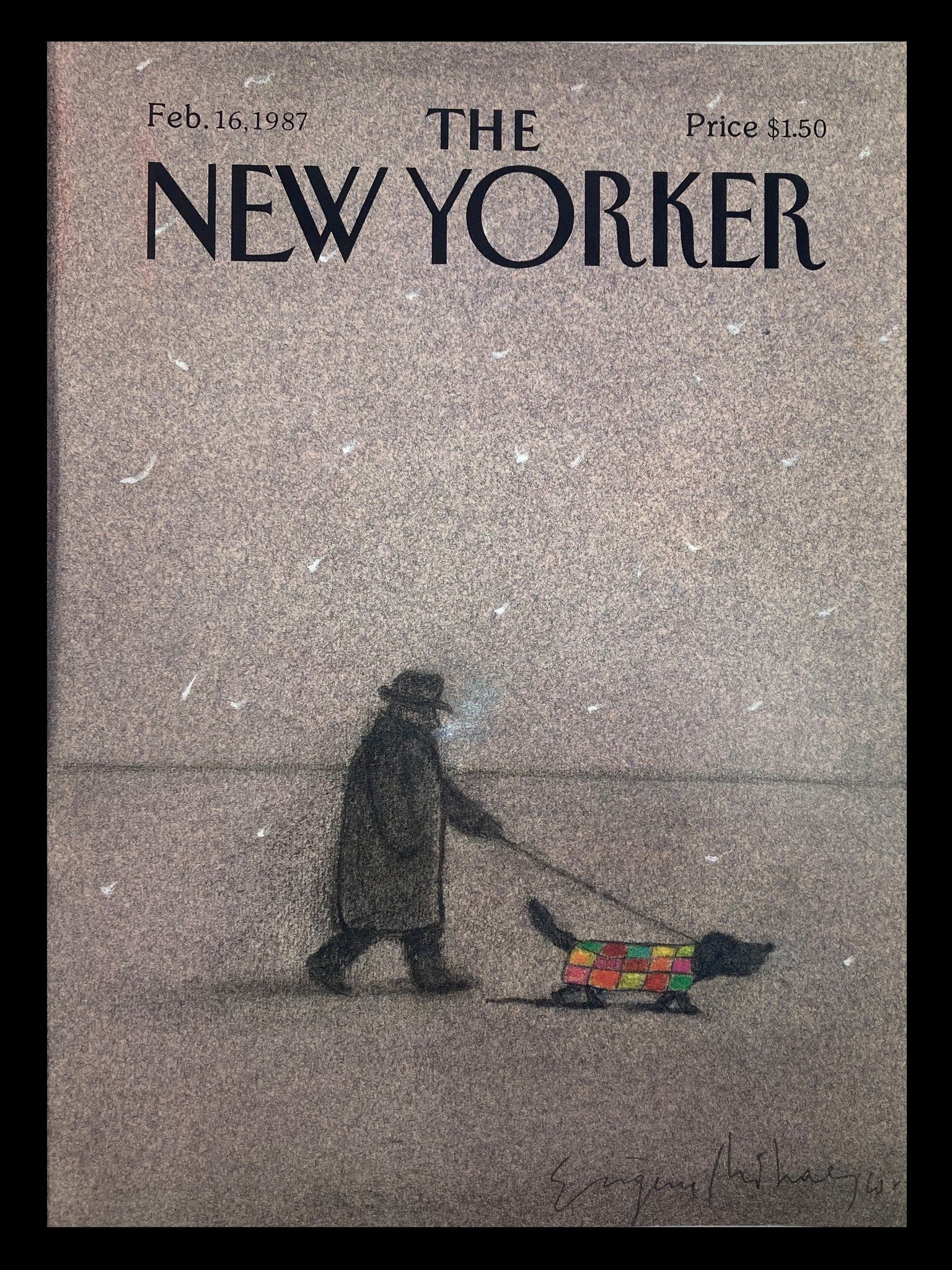 COVER ONLY The New Yorker February 16 1987 Walking the Dog by Eugene Mihaesco