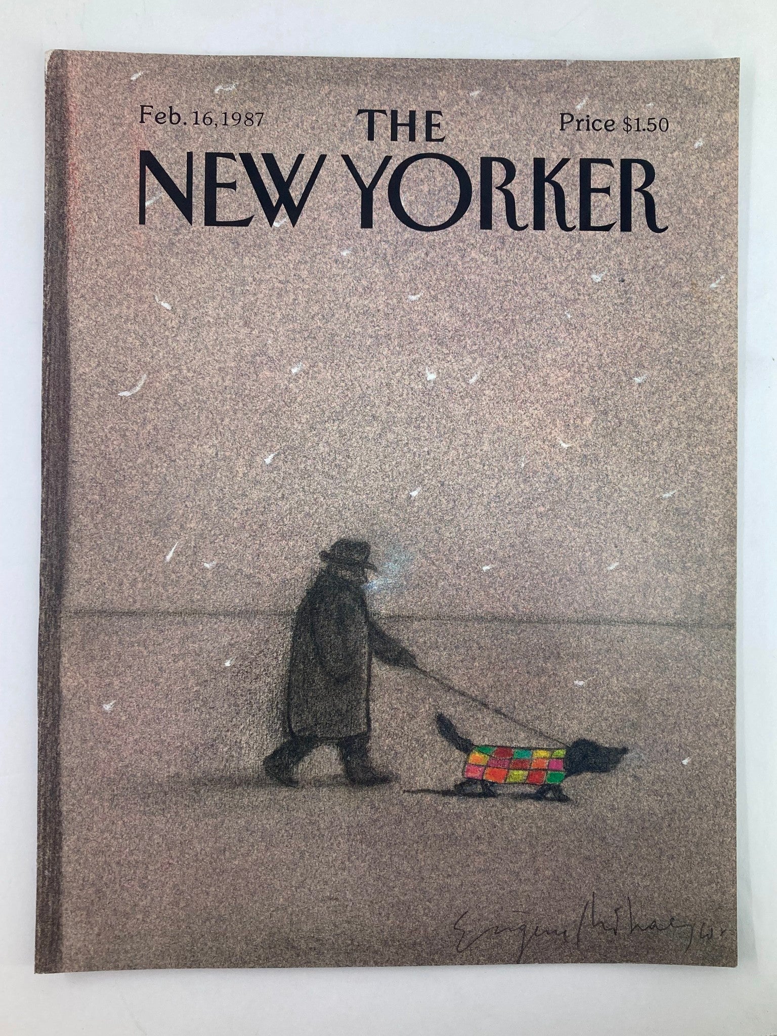 COVER ONLY The New Yorker February 16 1987 Walking the Dog by Eugene Mihaesco