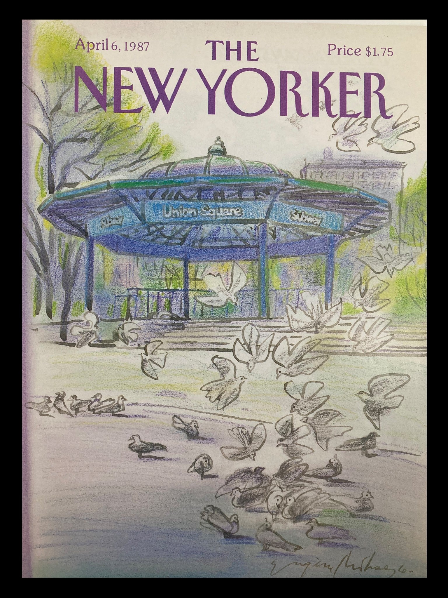 COVER ONLY The New Yorker April 6 1987 Doves at Union Square by Eugene Mihaesco