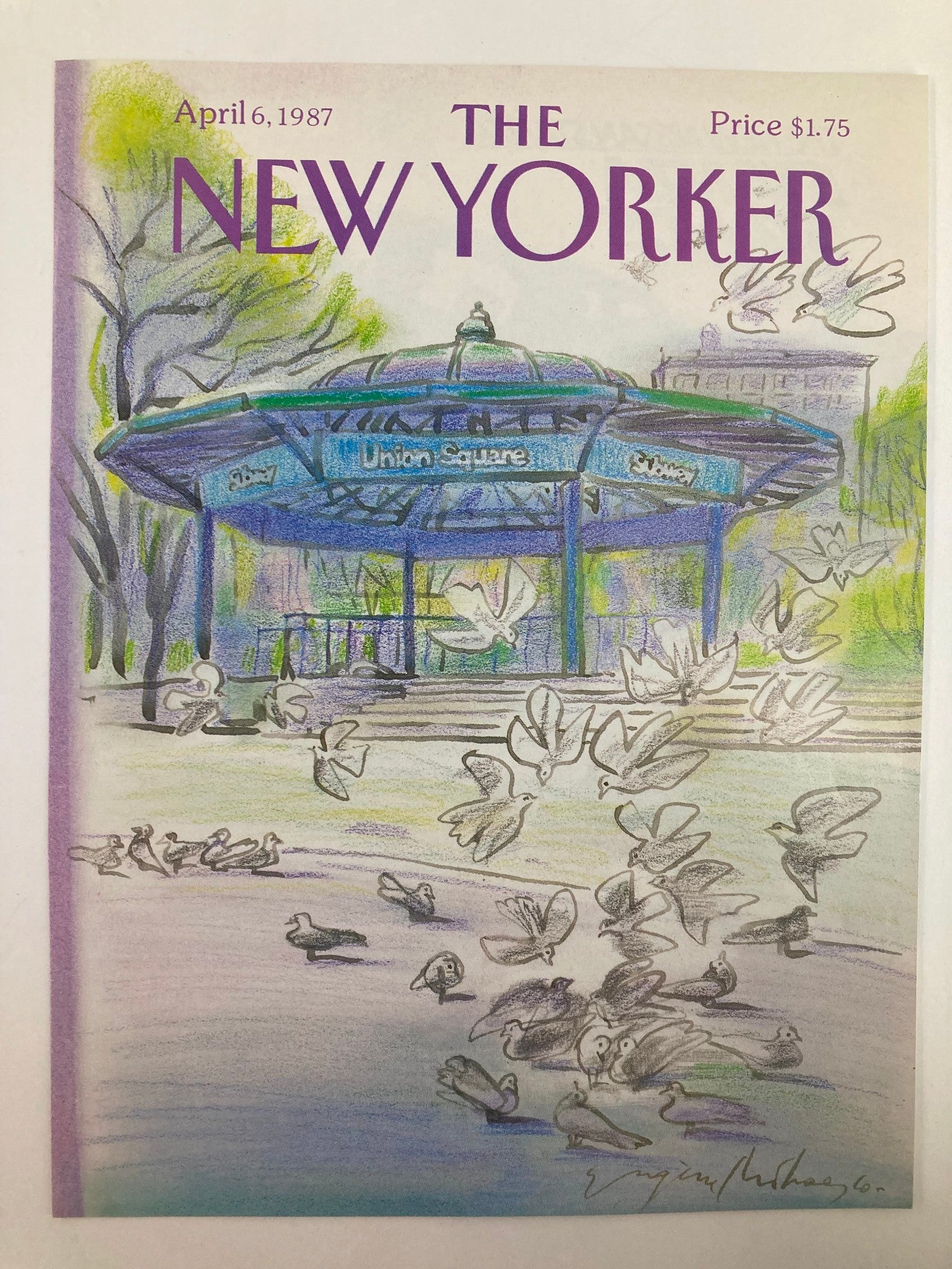 COVER ONLY The New Yorker April 6 1987 Doves at Union Square by Eugene Mihaesco