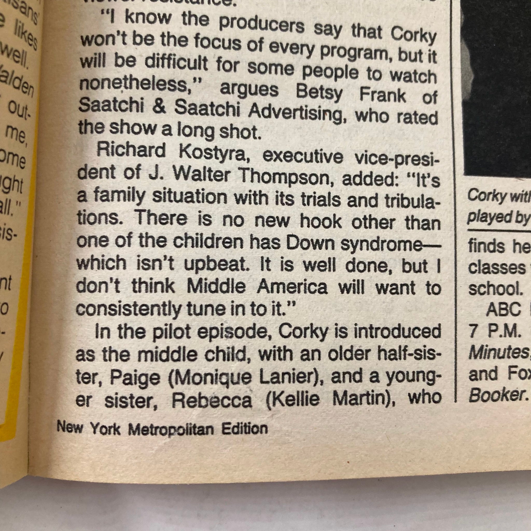 An excerpt from the TV Guide Magazine dated July 22, 1989 featuring a discussion on the television show depicting a family situation and featuring a character with Down syndrome. The text highlights insights from industry professionals on the prospective audience reception. This piece adds context to the vintage magazine's cultural significance.