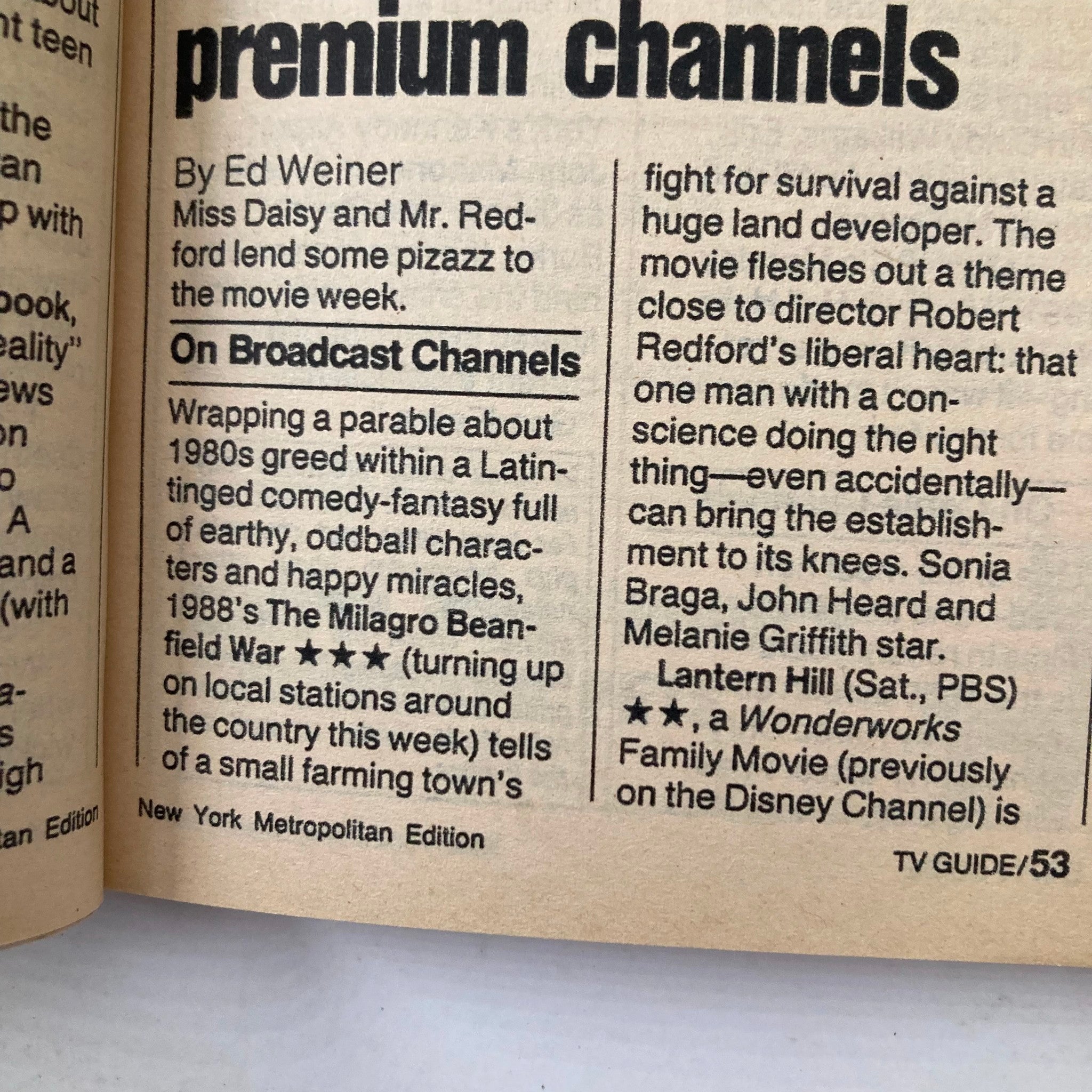 Interior page of TV Guide Magazine March 2, 1991, showcasing an article titled 'On Broadcast Channels' discussing films and TV shows from that era.