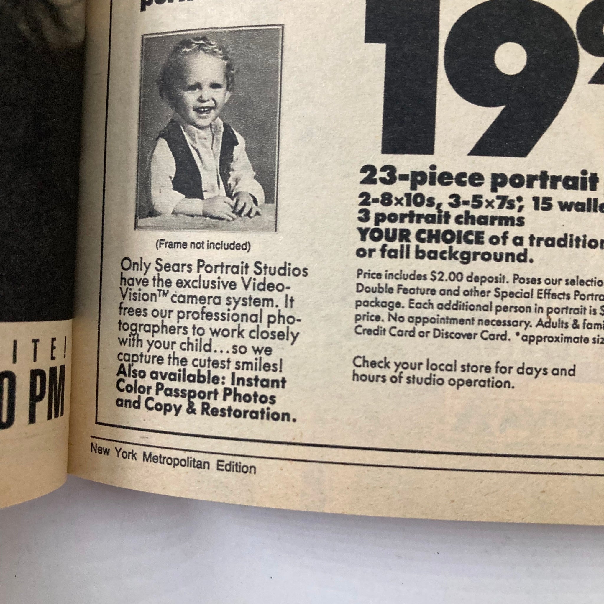 Interior page advertisement from TV Guide Magazine May 13, 1989, promoting Sears Portrait Studios with details about a 23-piece portrait package and a smiling child.