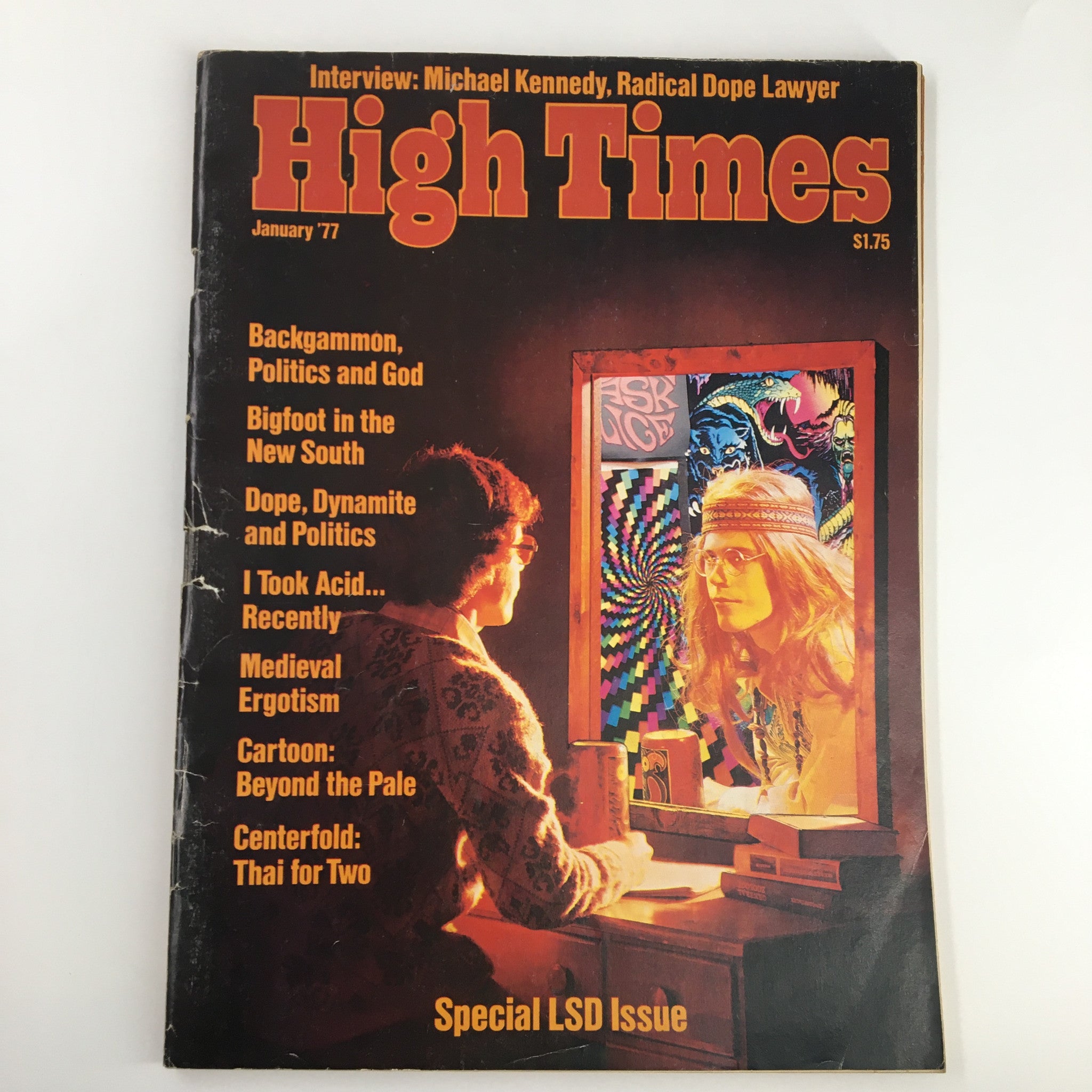 Cover of VTG High Times Magazine January 1977 featuring an interview with Michael Kennedy, Radical Dope Lawyer, highlighting topics such as politics, cannabis, and counterculture.