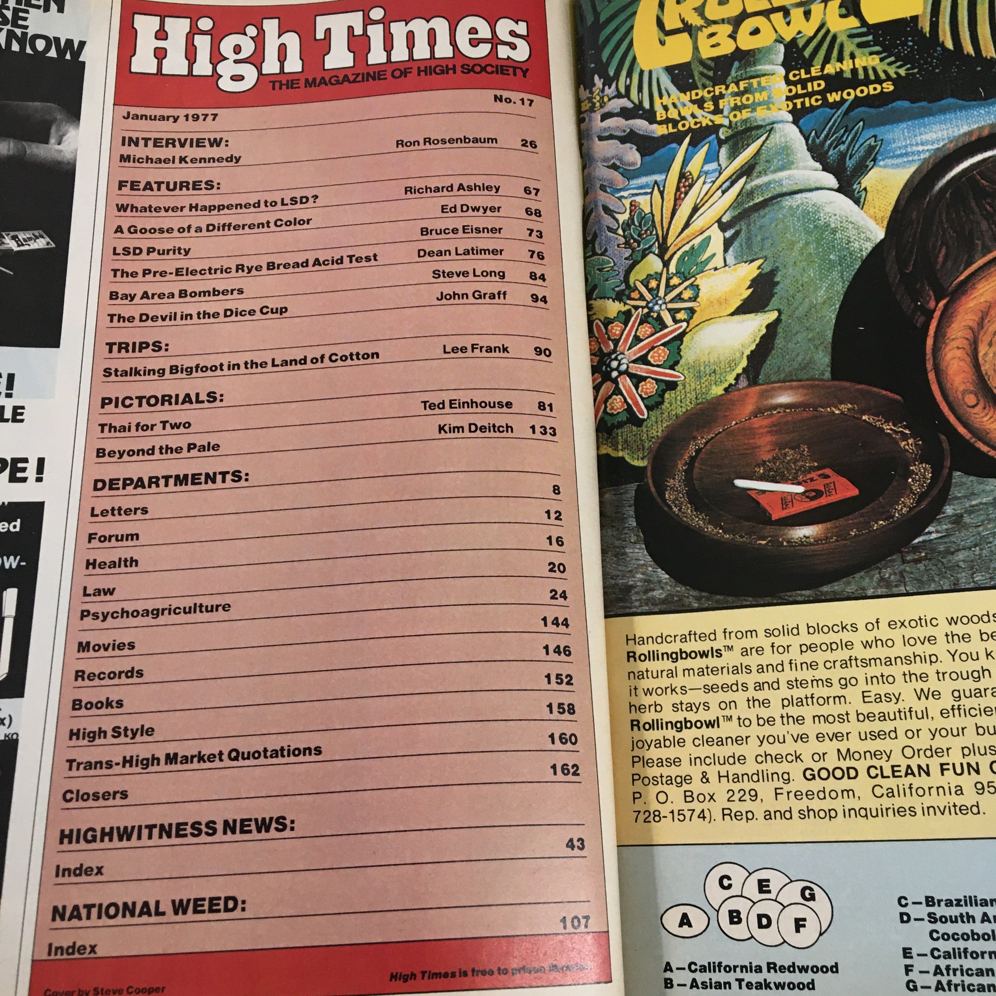 Inside page of VTG High Times Magazine from January 1977, featuring contents and listings related to cannabis culture and advocacy, showcasing Michael Kennedy and various articles, including interviews and features.