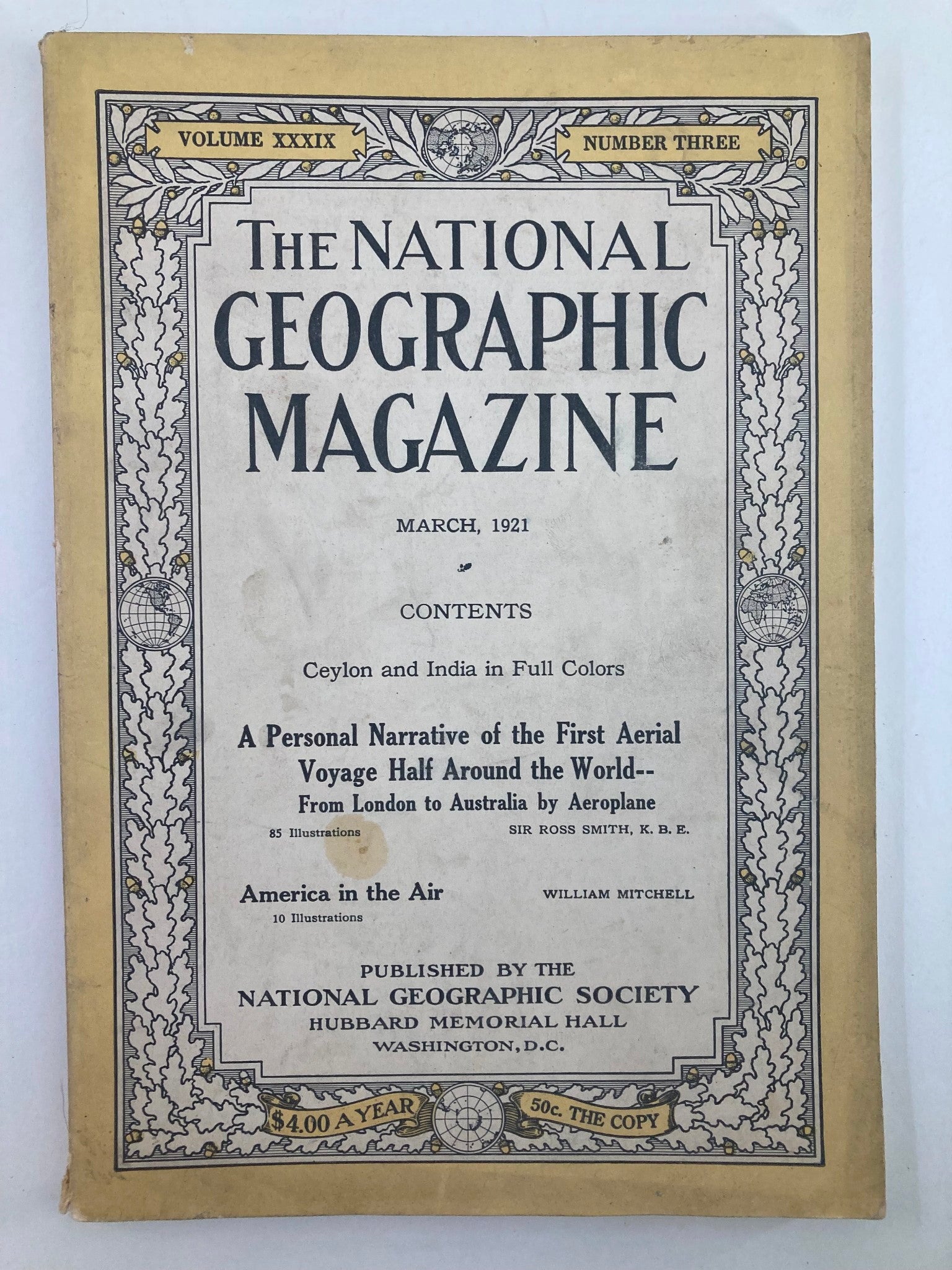 Cover of The National Geographic Magazine March 1921 featuring the title 'America in the Air', showcasing historical aviation themes and illustrated contents, published by the National Geographic Society.