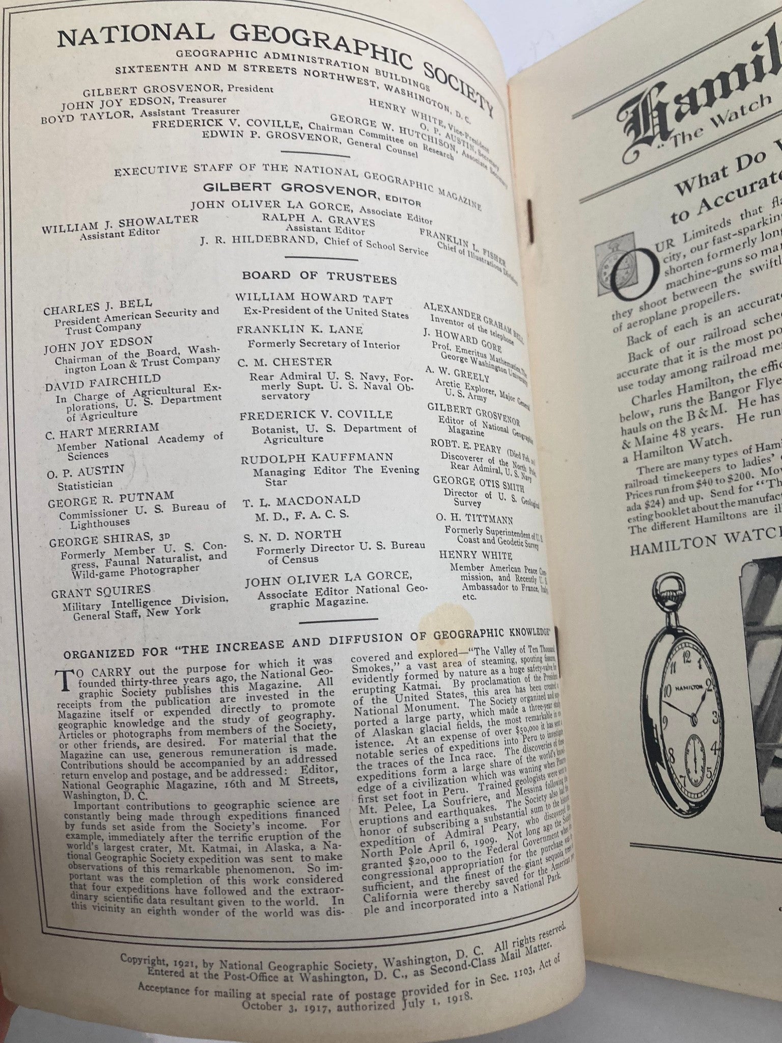 Interior page of The National Geographic Magazine March 1921 with contents and editorial team details.