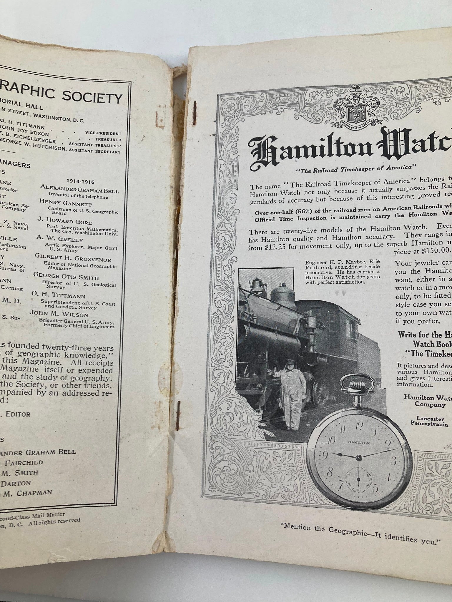 Inside page of VTG The National Geographic Magazine July 1914 showing an advertisement for Hamilton Watches amidst the magazine's historical context.