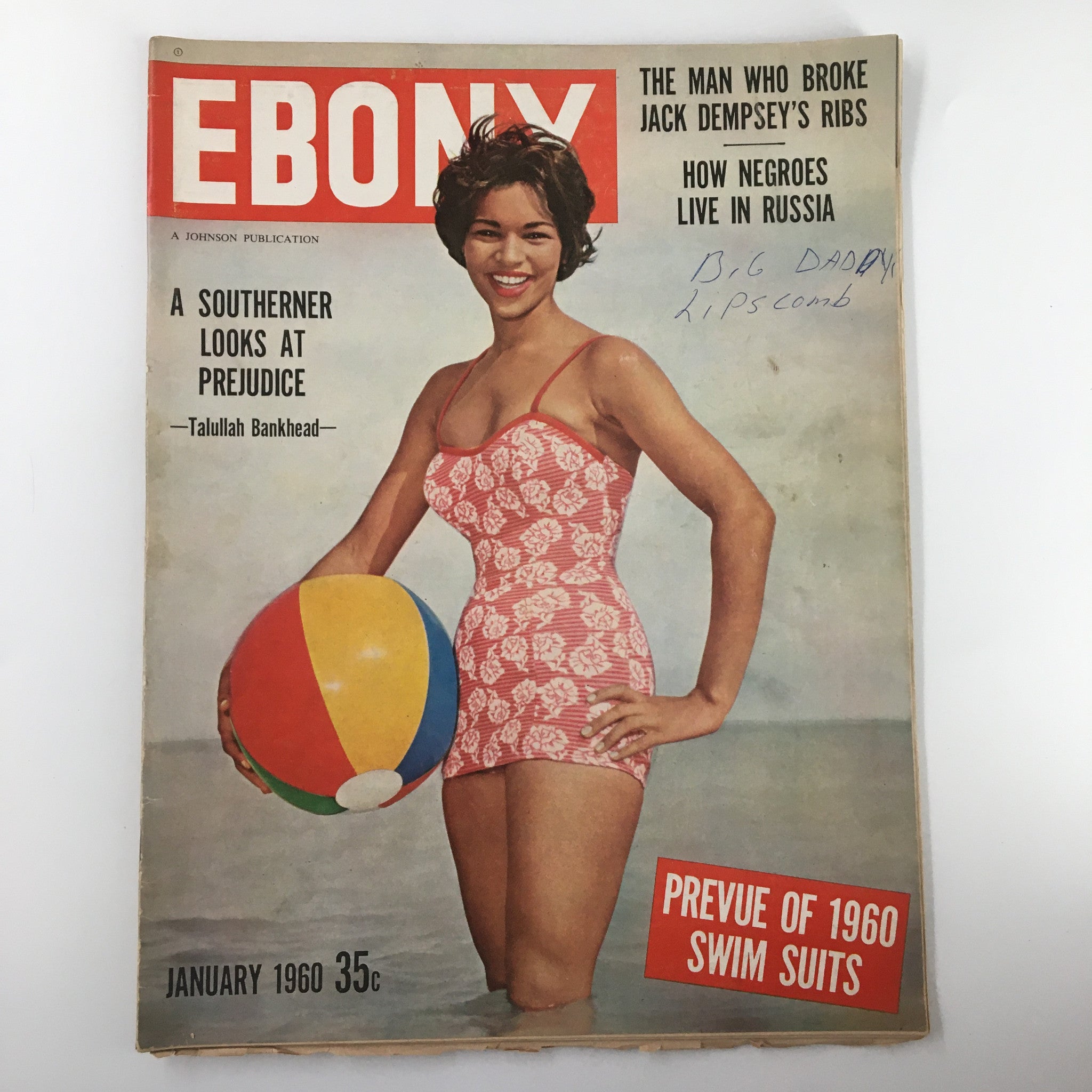 Cover of Ebony Magazine January 1960 titled 'A Southerner Looks at Prejudice' featuring a model in a one-piece swimsuit with a beach ball.