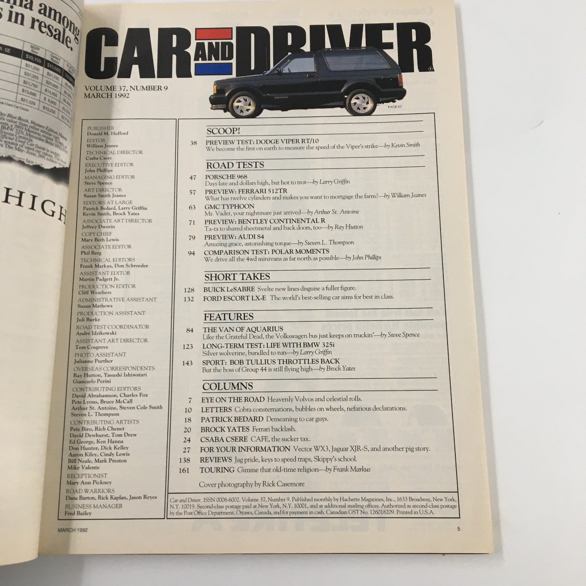 Car and Driver Magazine March 1992 Dodge Viper Strike Secret Acceleration Result