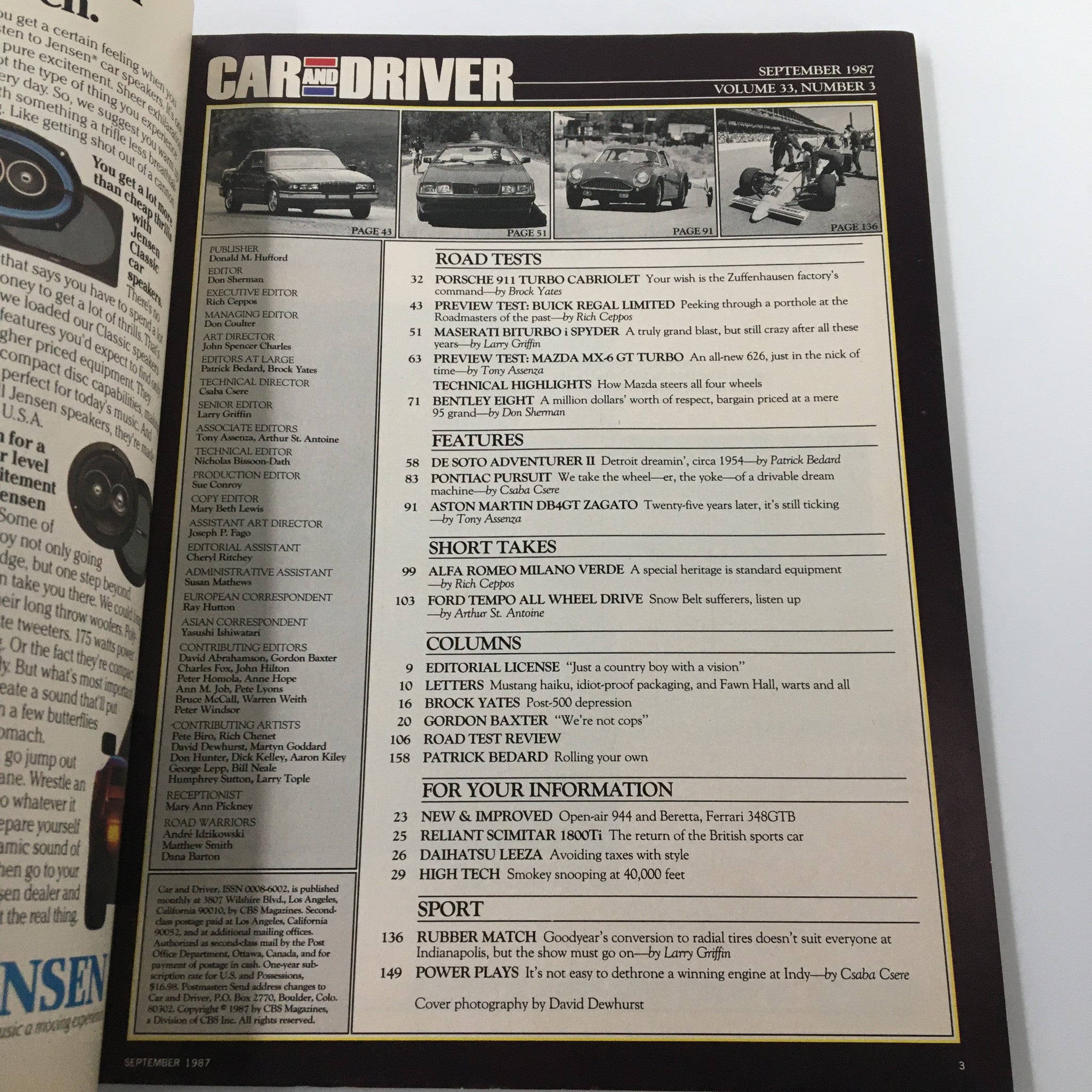 VTG Car and Driver Magazine September 1987 Mazda MX-6 GT Turbo & The '89 Mustang