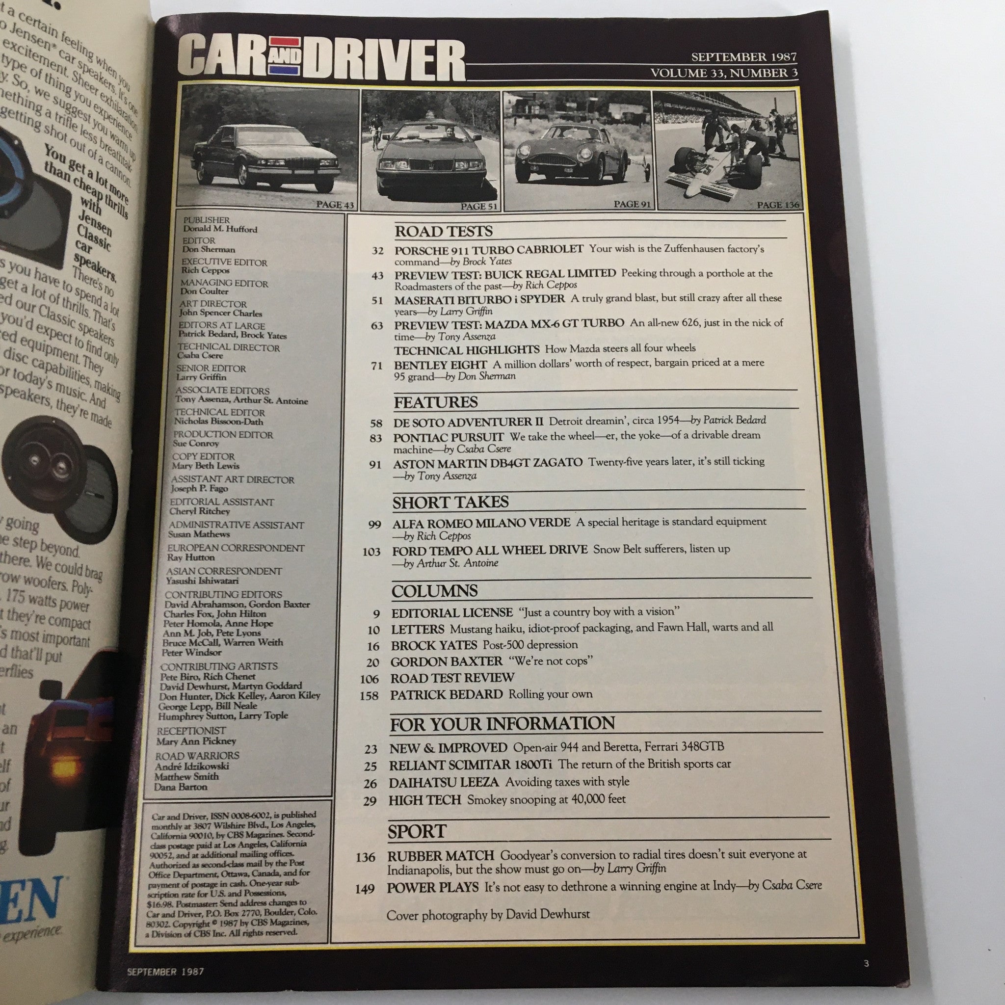 VTG Car and Driver Magazine September 1987 Slant Nose 911 & Mazda MX-6 GT Turbo