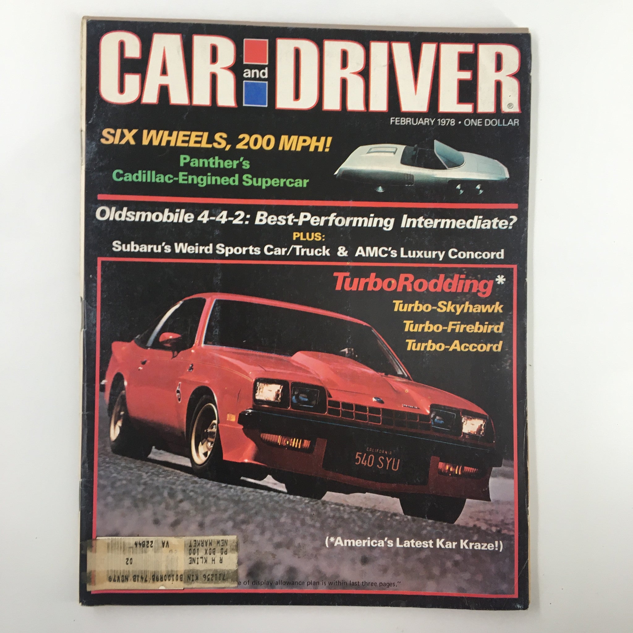 VTG Car and Driver Magazine February 1978 TurboRodding Skyhawk, Firebird, Accord