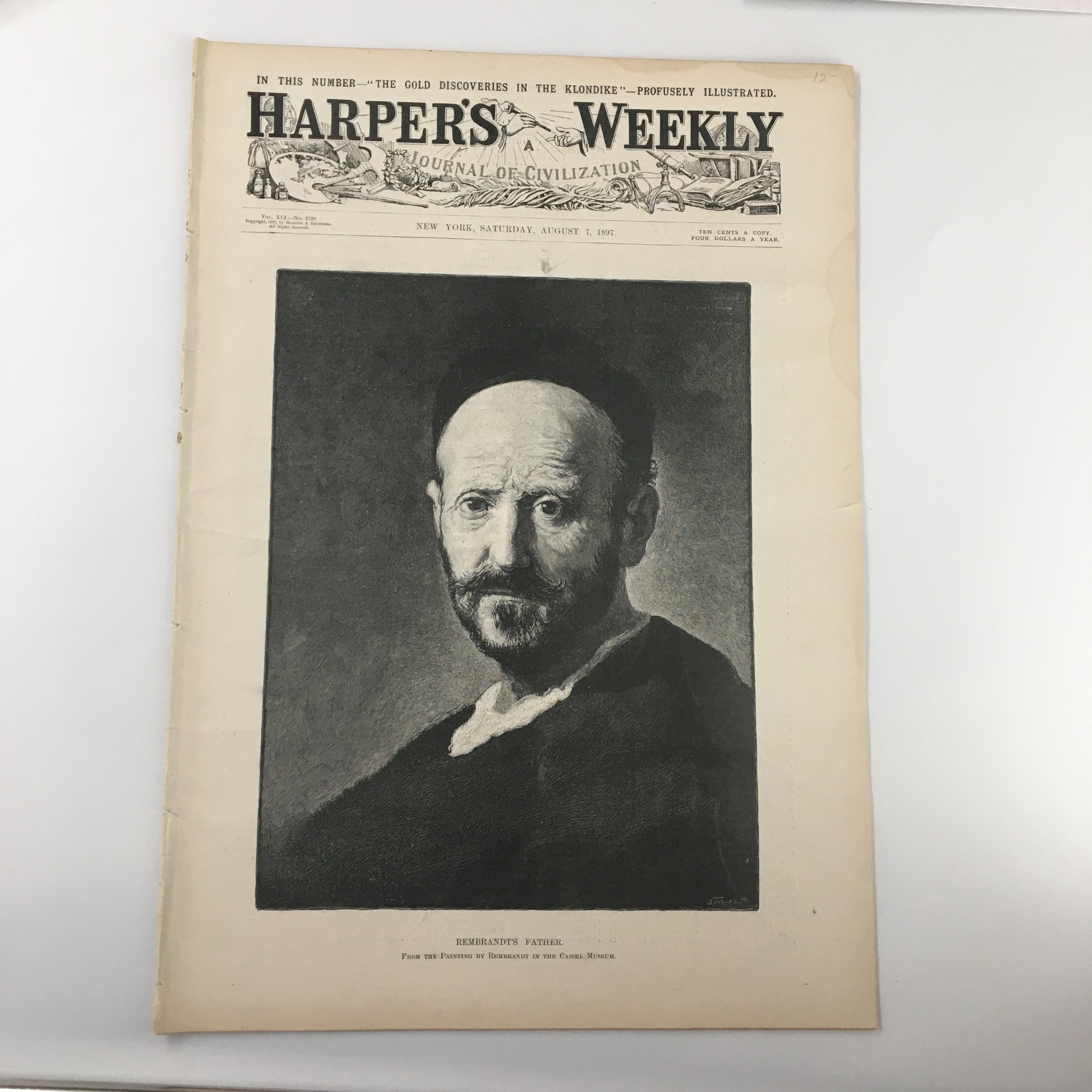 Cover of VTG Harper's Weekly Magazine August 7 1897 featuring a portrait of Rembrandt's Father. This vintage magazine encapsulates late 19th-century art and culture.