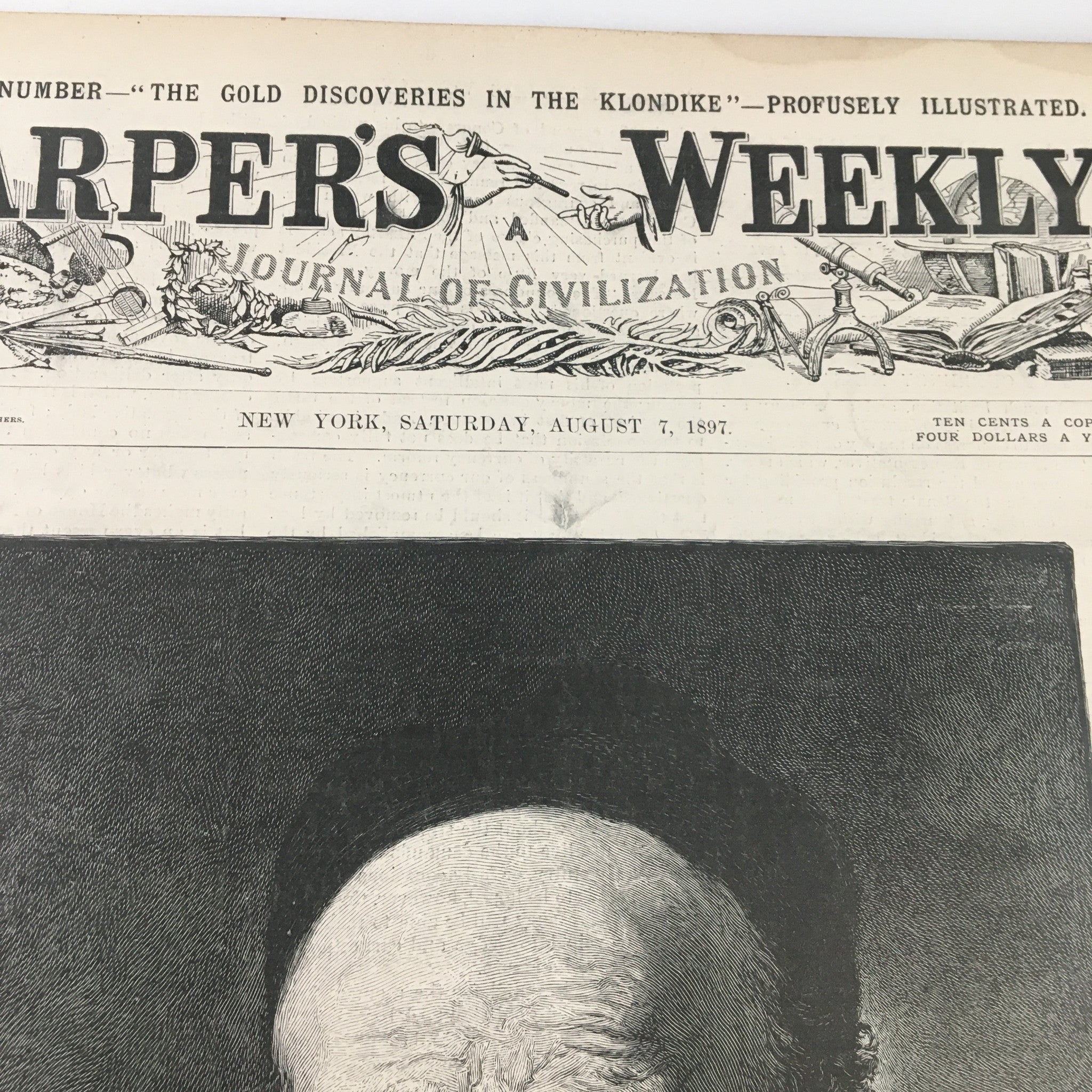Detailed view of the header of VTG Harper's Weekly Magazine August 7 1897, highlighting the publication's title and date, showcasing its historical significance.