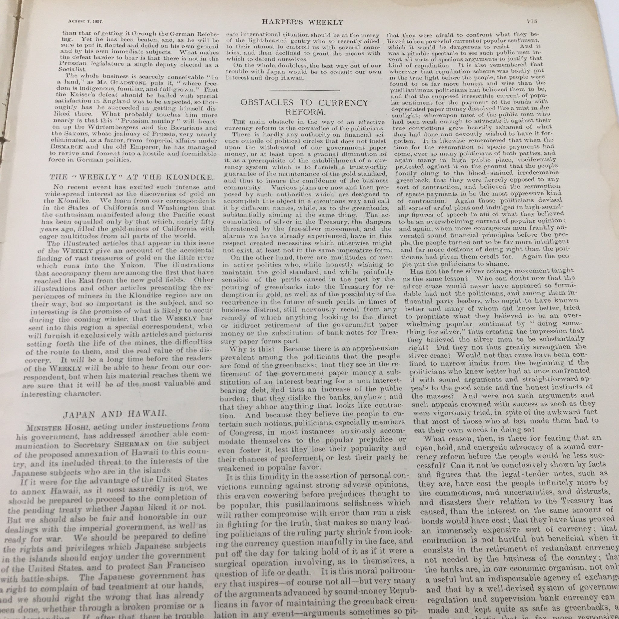 Interior page of VTG Harper's Weekly Magazine August 7 1897 showing articles about significant topics of the era, providing insights into the socio-economic climate of the time.