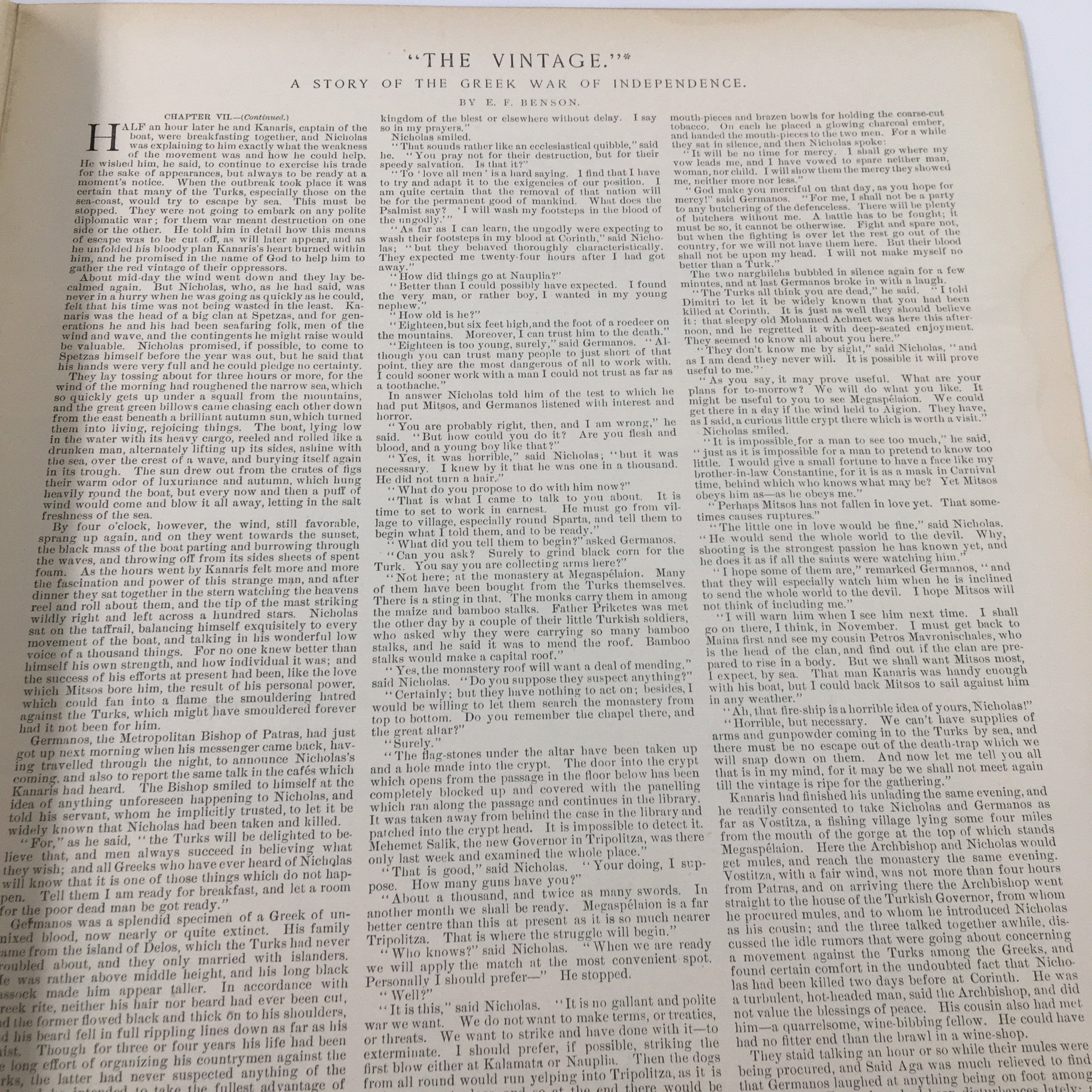 Another interior page from VTG Harper's Weekly Magazine August 7 1897 presenting a narrative piece titled 'The Vintage' that reflects on the historical context of the Greek War of Independence.